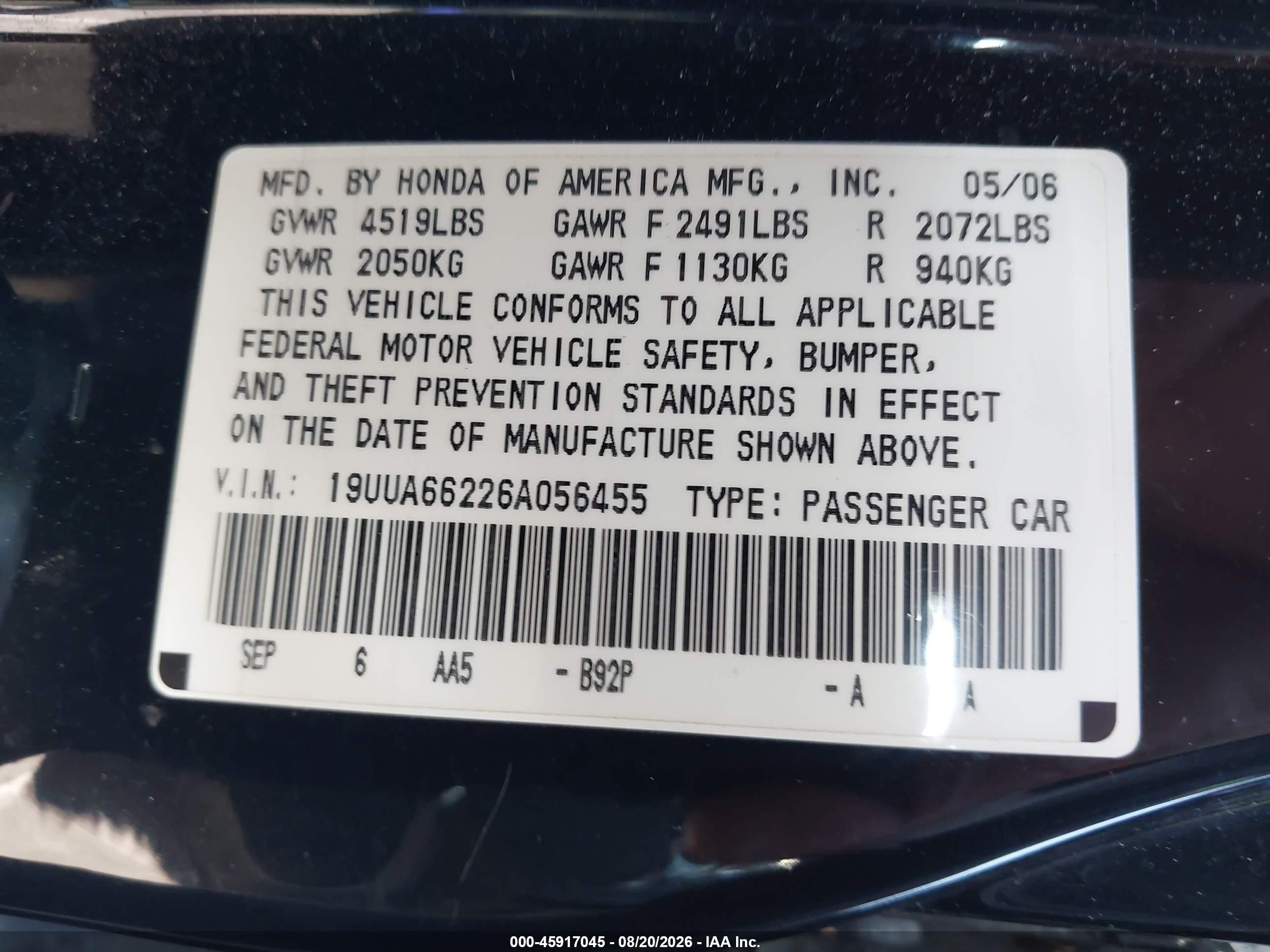 2006 Acura TL VIN 19UUA66226A056455 IAAI salvage auction — Front End, Salvage (New Jersey), sold $350 on 2026-09-25 (photo 9)