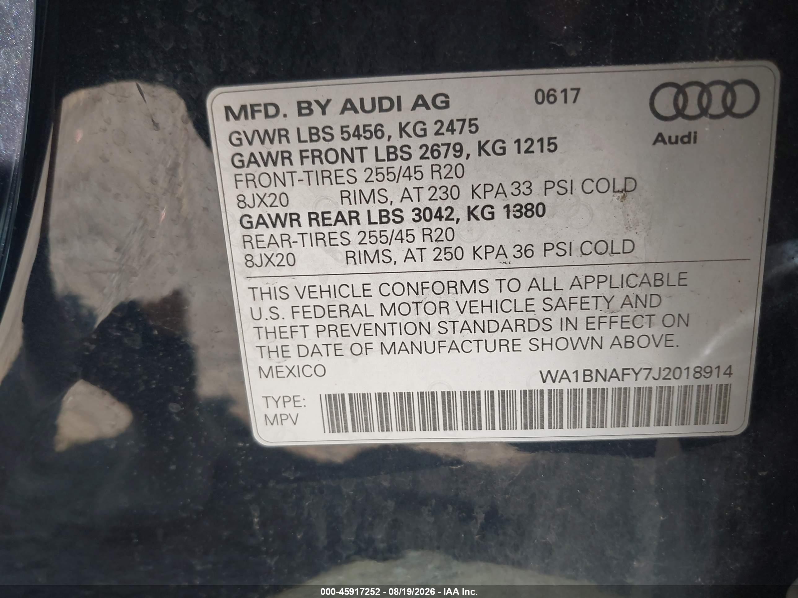 2018 Audi Q5 VIN WA1BNAFY7J2018914 IAAI salvage auction — Water/Flood, Salvage (New Jersey), sold $5,200 on 2026-09-07 (photo 9)