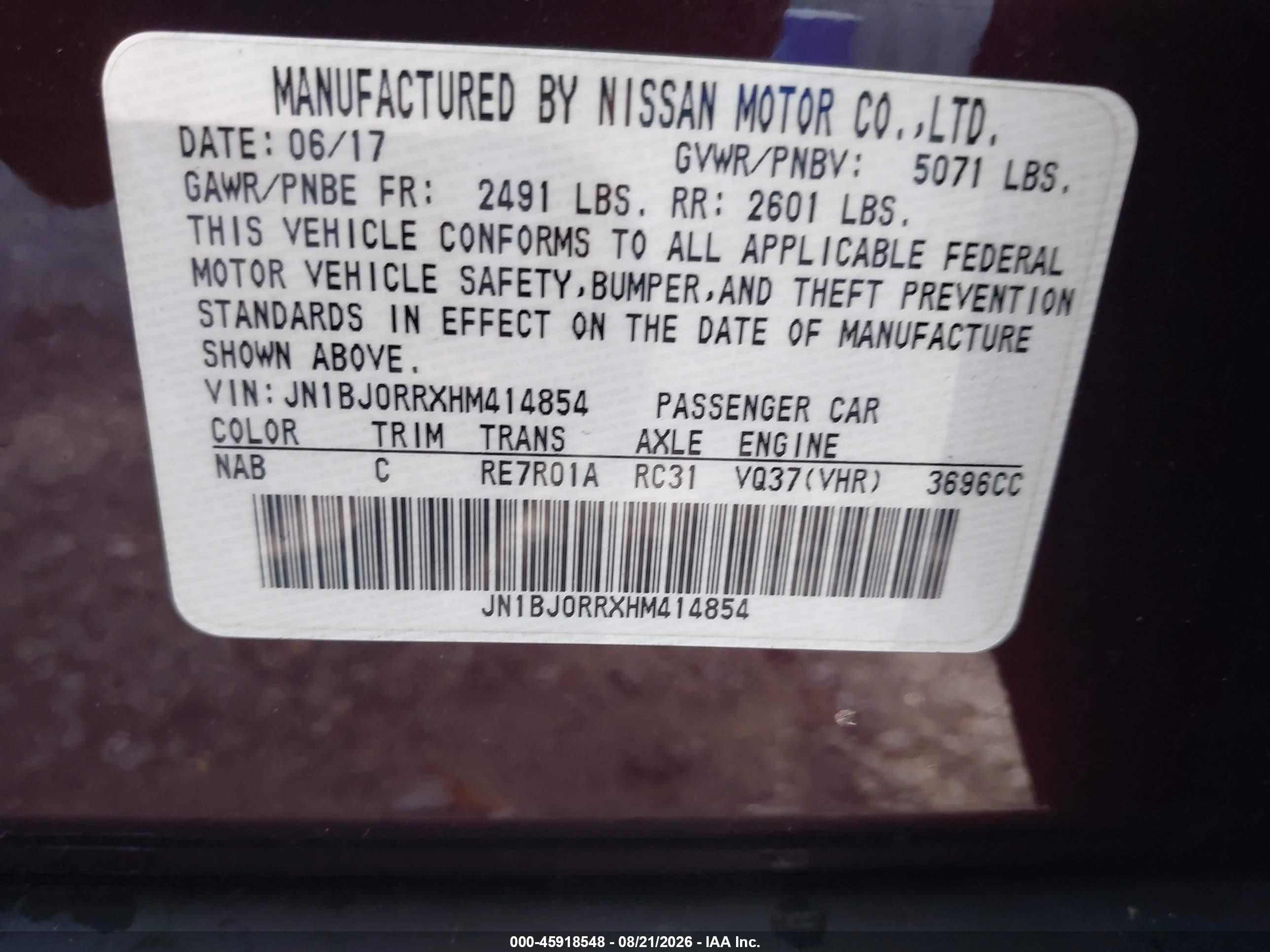 2017 Infiniti Qx50 VIN JN1BJ0RRXHM414854 IAAI salvage auction — Front & Rear, Salvage (New Jersey), sold $875 on 2026-09-09 (photo 9)