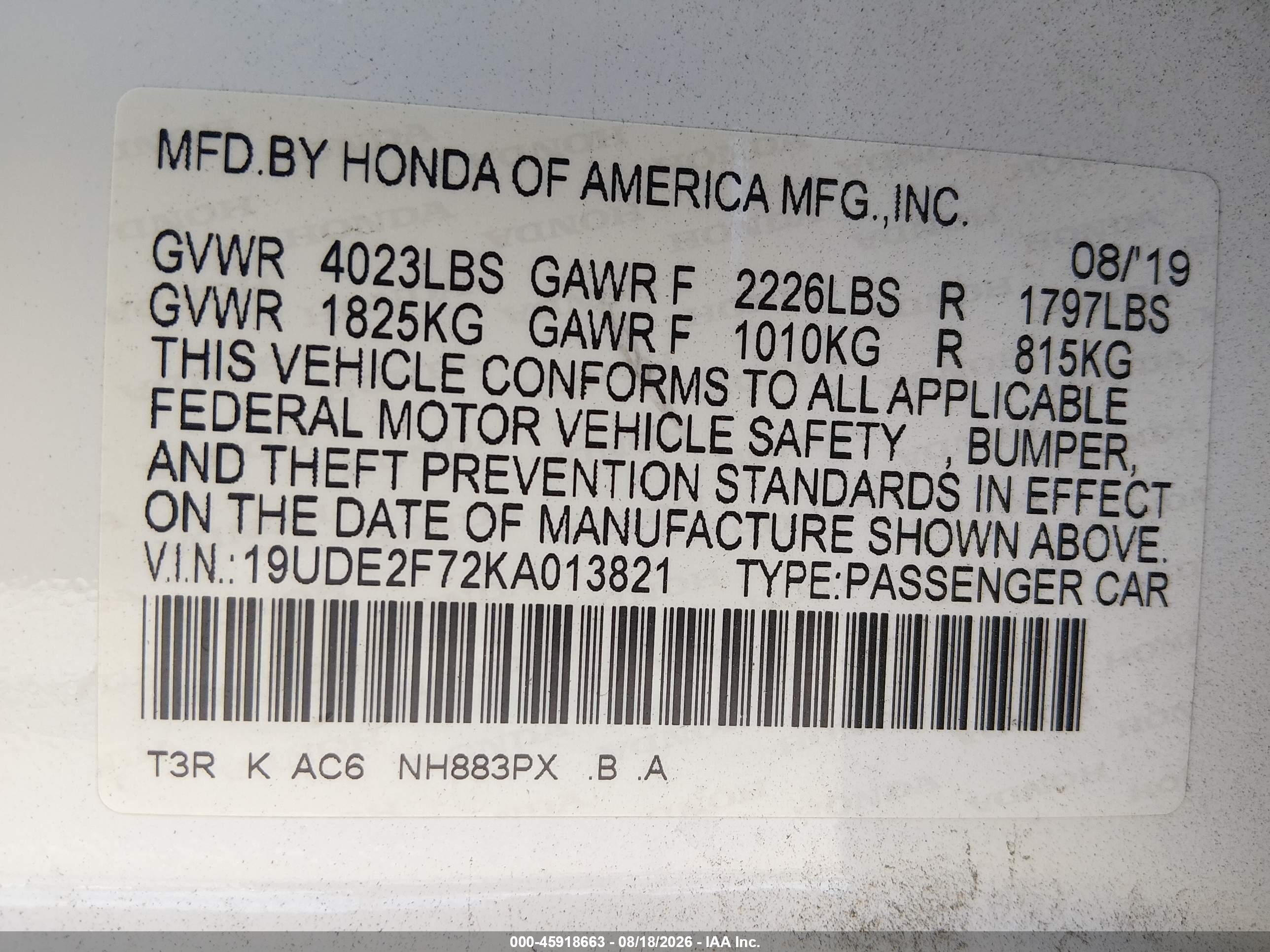 2019 Acura Ilx VIN 19UDE2F72KA013821 IAAI salvage auction — Front End, Salvage (California), sold $4,225 on 2026-09-14 (photo 9)