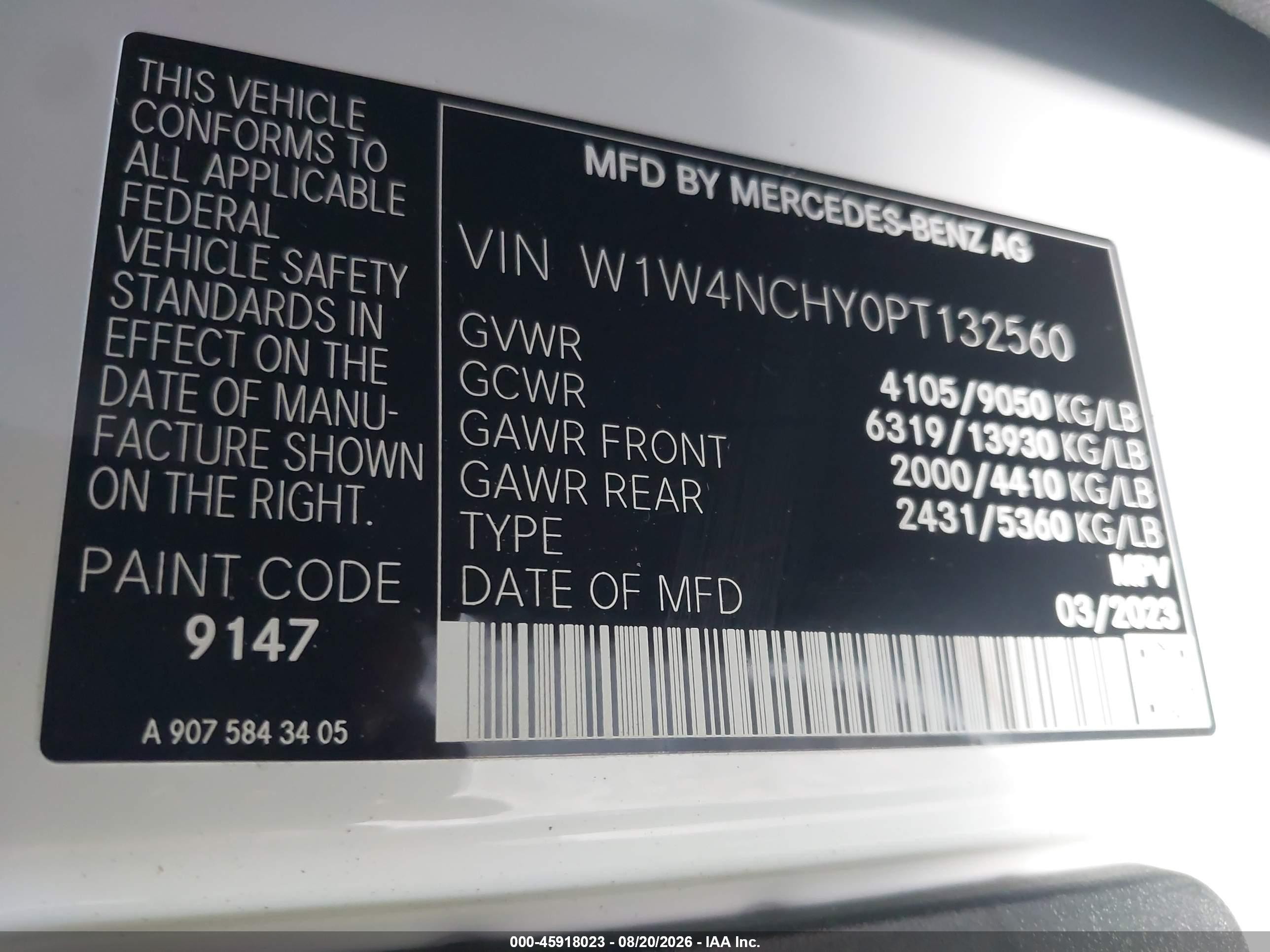 2023 Mercedes-benz Sprinter VIN W1W4NCHY0PT132560 IAAI salvage auction — Front End, Salvage - Greater Than 75% (Maryland), sold $9,600 on 2026-10-08 (photo 9)