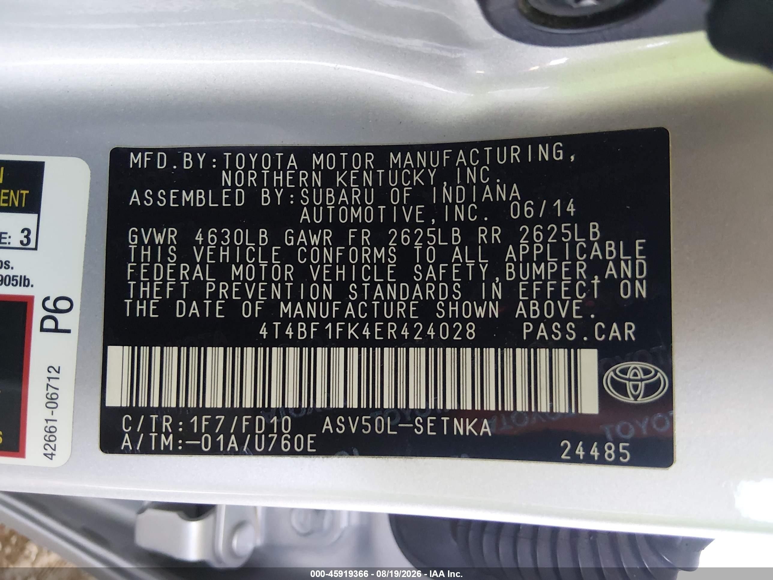 2014 Toyota Camry VIN 4T4BF1FK4ER424028 IAAI salvage auction — Front End, Salvage (Arizona), sold $1,450 on 2026-09-06 (photo 9)