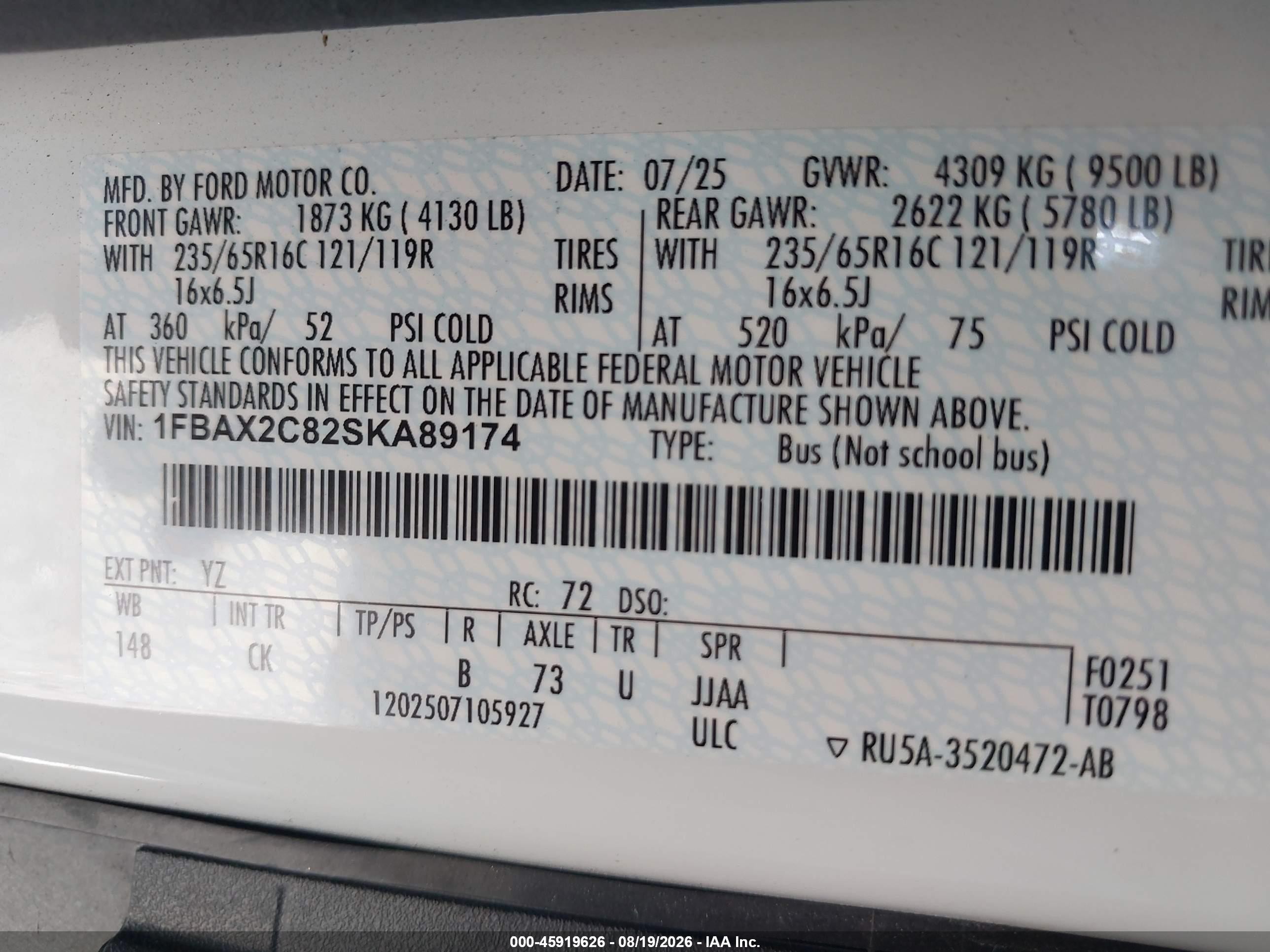 2025 Ford Transit-350 VIN 1FBAX2C82SKA89174 IAAI salvage auction — Side, Enterprise Vehicles Clear Only (Virginia), sold $36,000 on 2026-08-22 (photo 9)