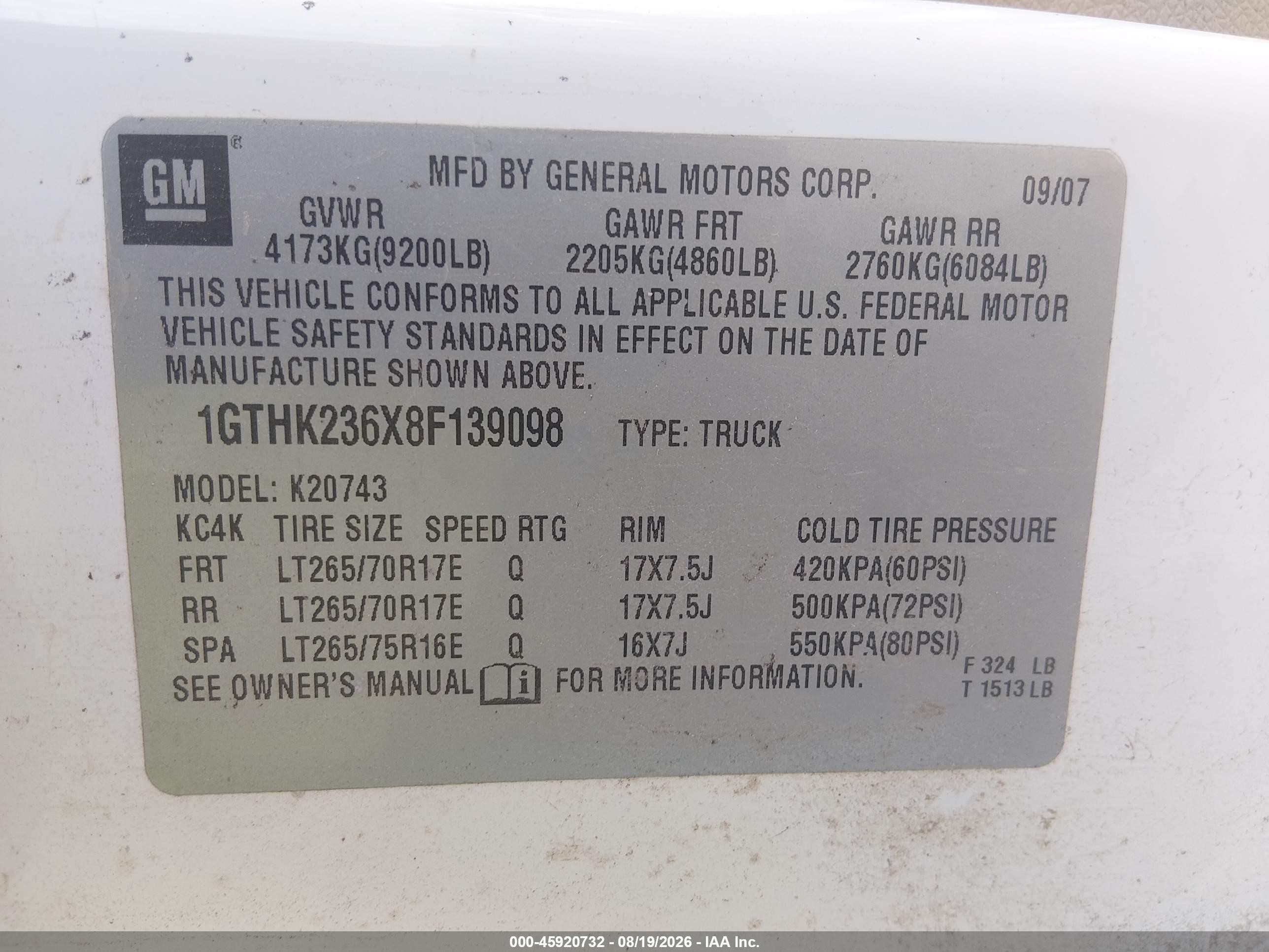 2008 Gmc SIERRA VIN 1GTHK236X8F139098 IAAI salvage auction — Burn Interior, Salvage (Arkansas), sold $700 on 2026-10-05 (photo 9)