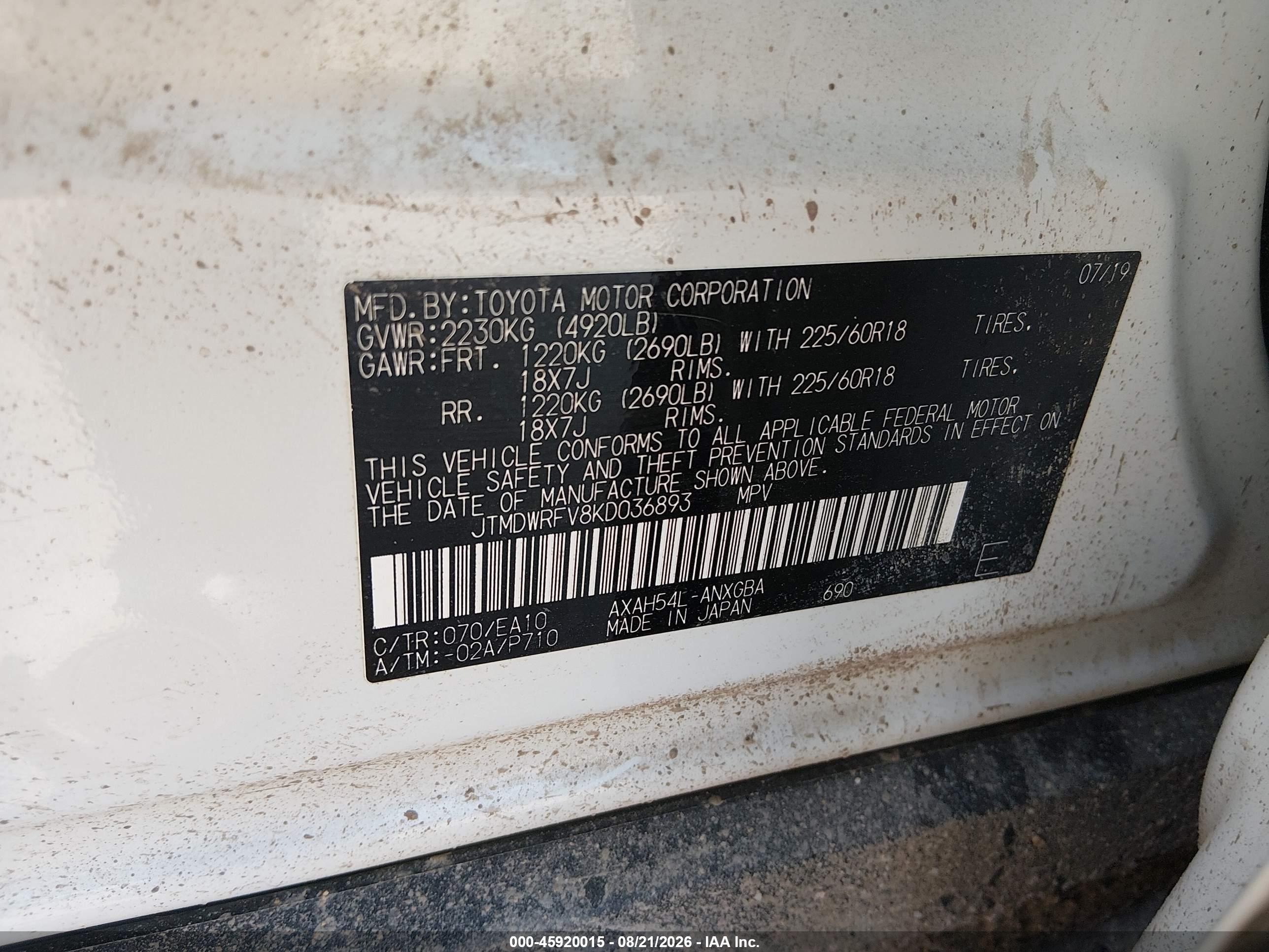 2019 Toyota Rav 4 VIN JTMDWRFV8KD036893 IAAI salvage auction — Front End, Salvage (Nebraska), sold $9,600 on 2026-09-12 (photo 9)