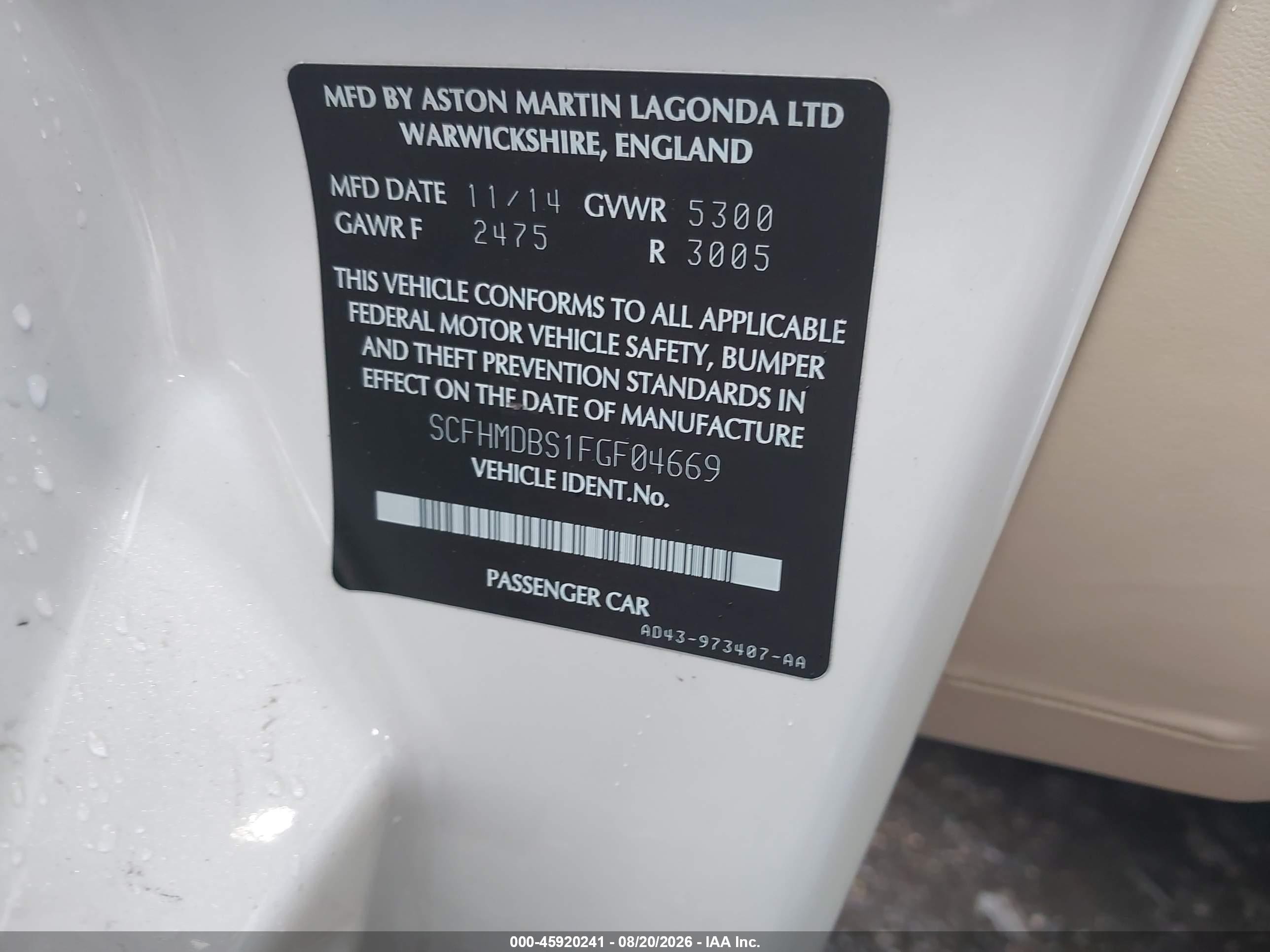 2015 Aston Martin Rapide VIN SCFHMDBS1FGF04669 IAAI salvage auction — Side, Salvage (Virginia), sold $36,700 on 2026-09-03 (photo 9)