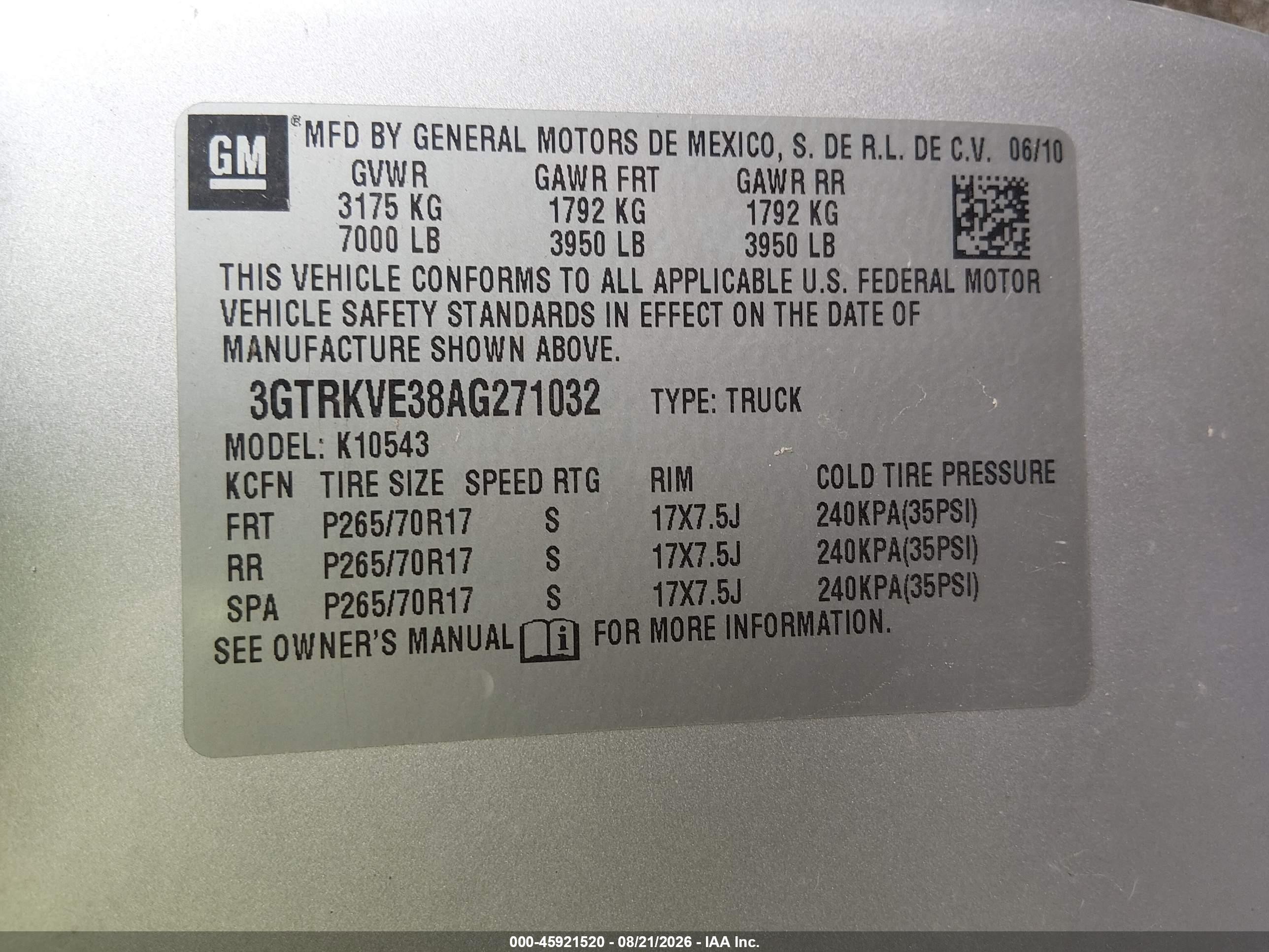 2010 GMC Sierra 1500 VIN 3GTRKVE38AG271032 IAAI salvage auction — Unknown, Clear (Oklahoma), sold $1,200 on 2026-10-07 (photo 9)