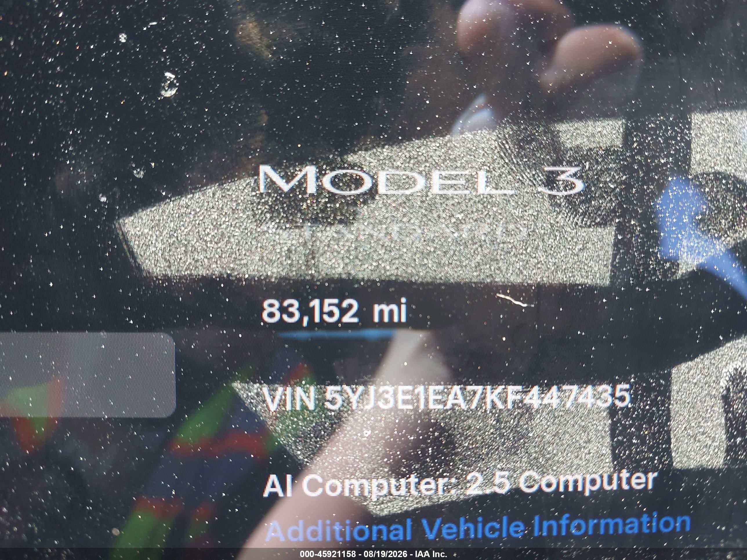 2019 Tesla Model 3 VIN 5YJ3E1EA7KF447435 IAAI salvage auction — Side, Salvage (California), sold $4,300 on 2026-09-02 (photo 7)