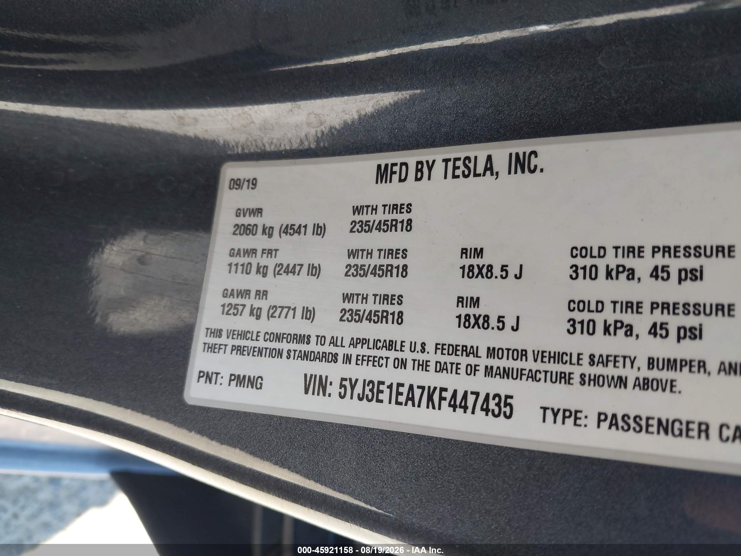 2019 Tesla Model 3 VIN 5YJ3E1EA7KF447435 IAAI salvage auction — Side, Salvage (California), sold $4,300 on 2026-09-02 (photo 9)
