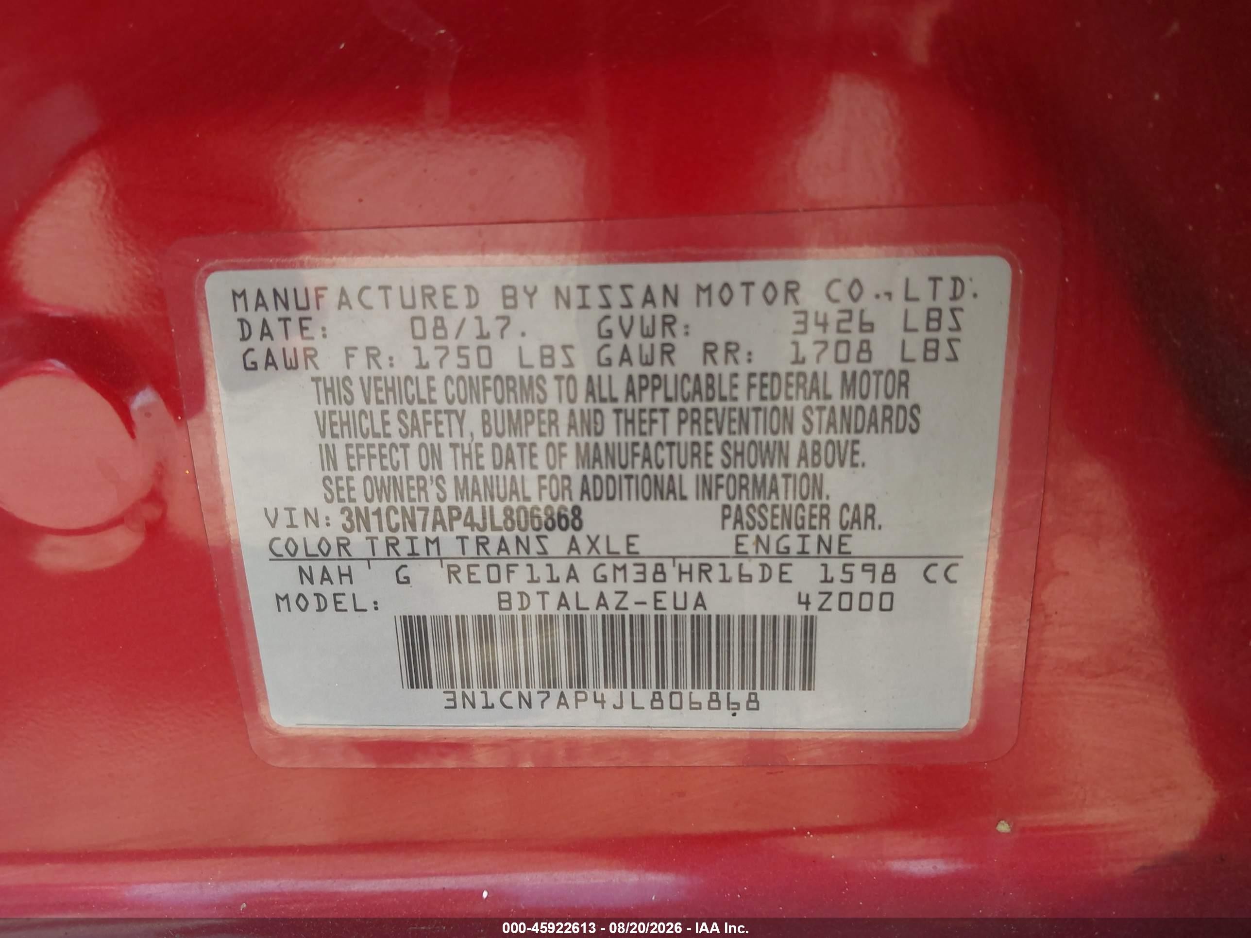 2018 Nissan Versa VIN 3N1CN7AP4JL806868 IAAI salvage auction — Rear End, Salvage (Texas), sold $1,300 on 2026-08-30 (photo 9)