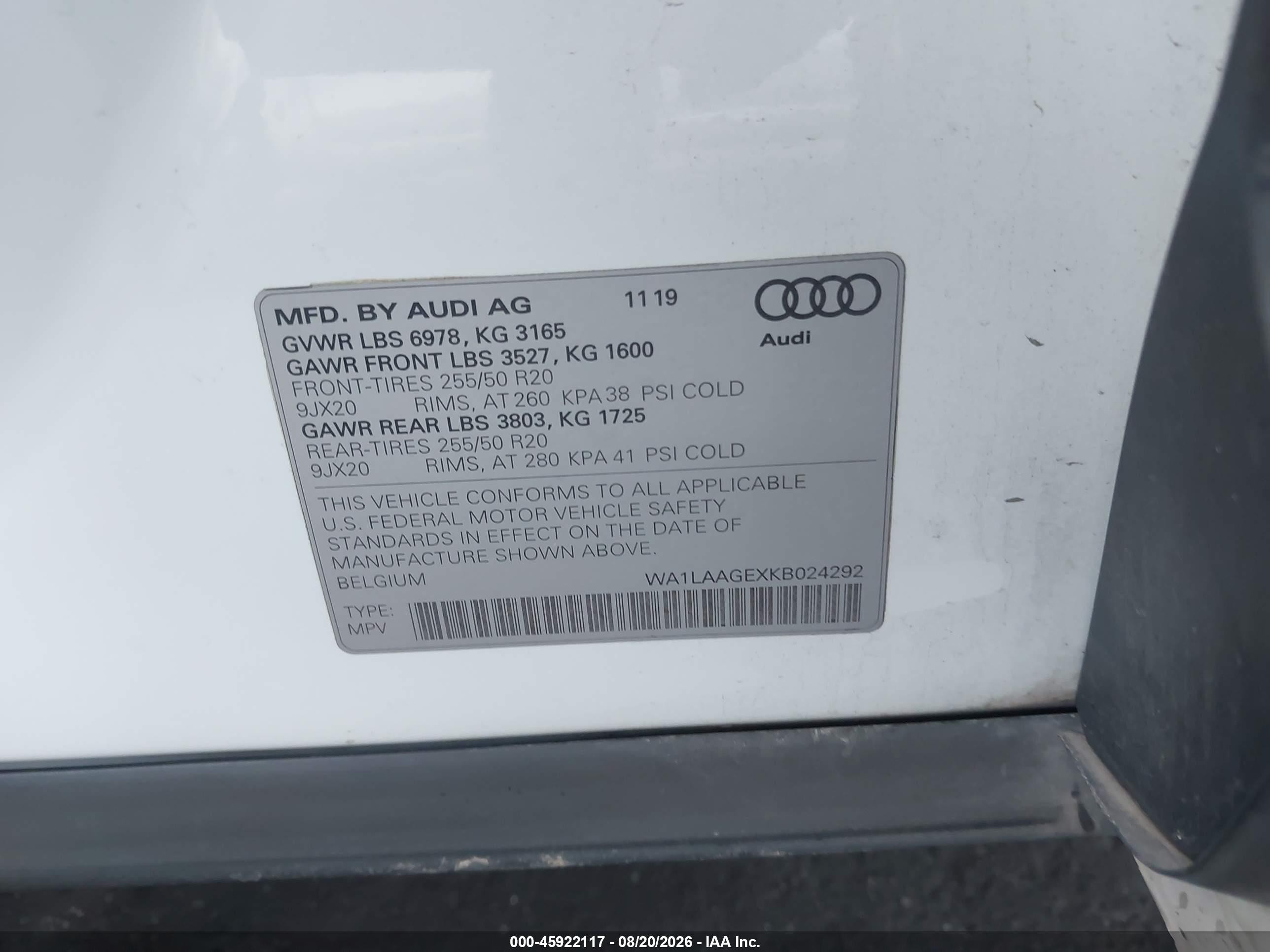 2019 Audi e-tron VIN WA1LAAGEXKB024292 IAAI salvage auction — Rear End, Salvage Certificate (California), sold $9,300 on 2026-09-14 (photo 9)