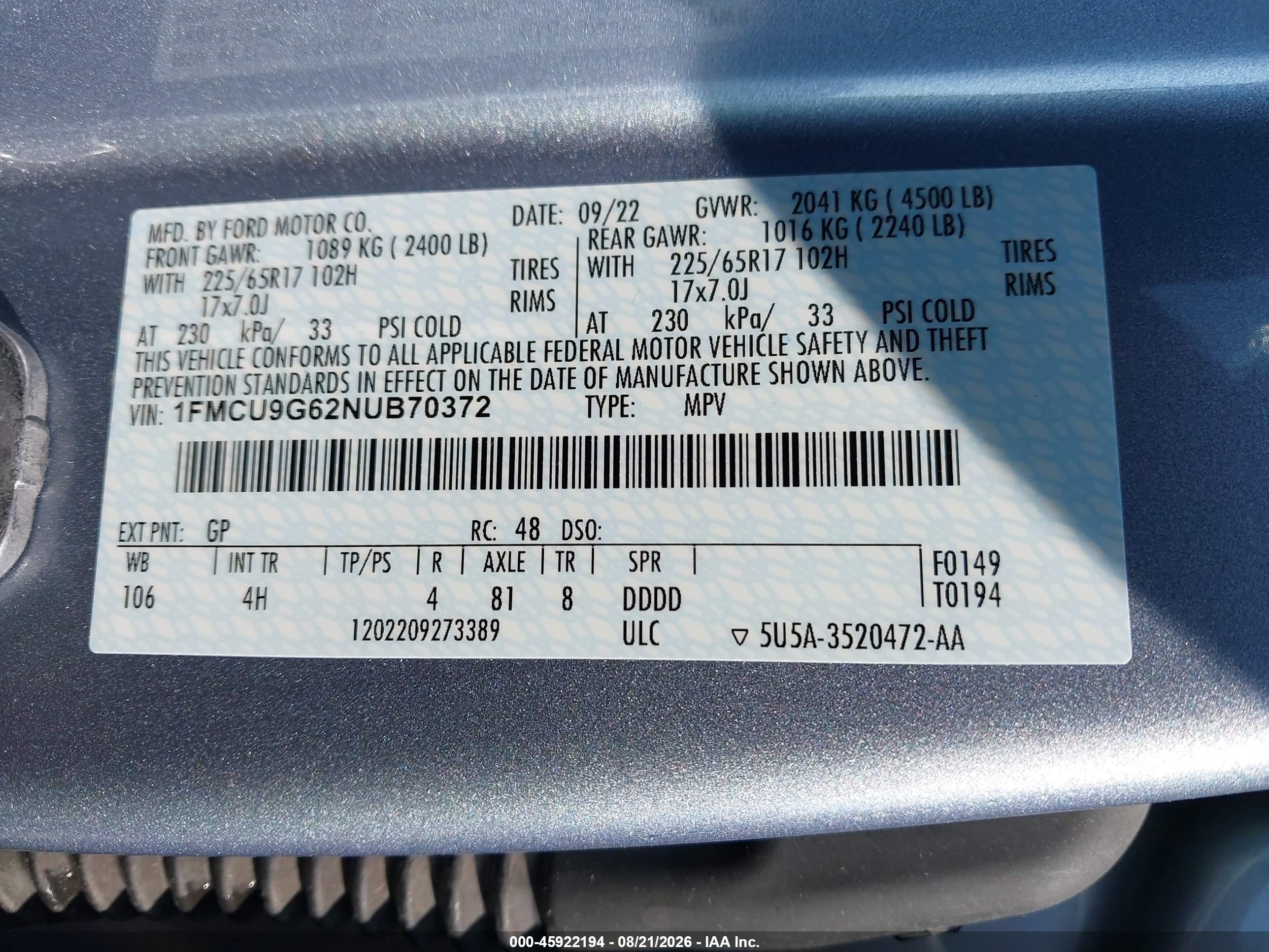 2022 Ford Escape VIN 1FMCU9G62NUB70372 IAAI salvage auction — Storm Damage, Salvage (Indiana), sold $4,300 on 2026-09-13 (photo 9)
