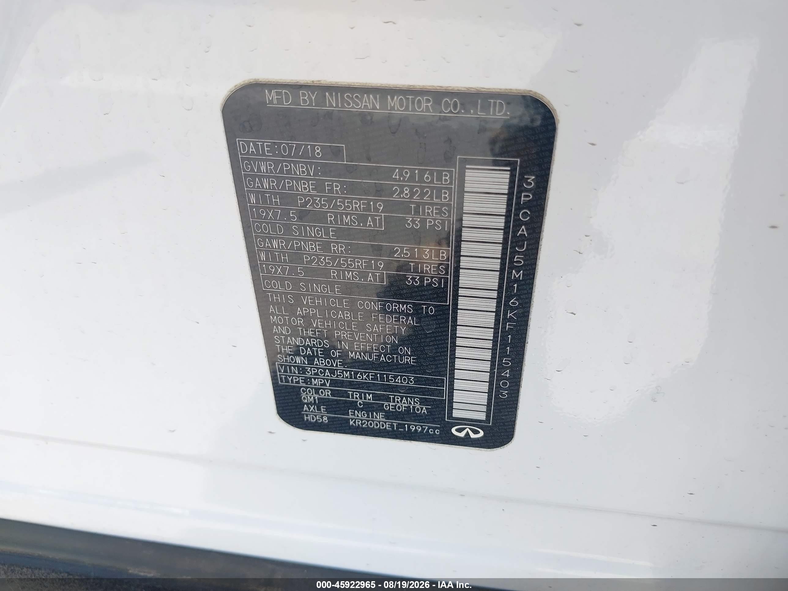 2019 Infiniti QX50 VIN 3PCAJ5M16KF115403 IAAI salvage auction — Side, Salvage (Arizona), sold $4,550 on 2026-09-23 (photo 9)