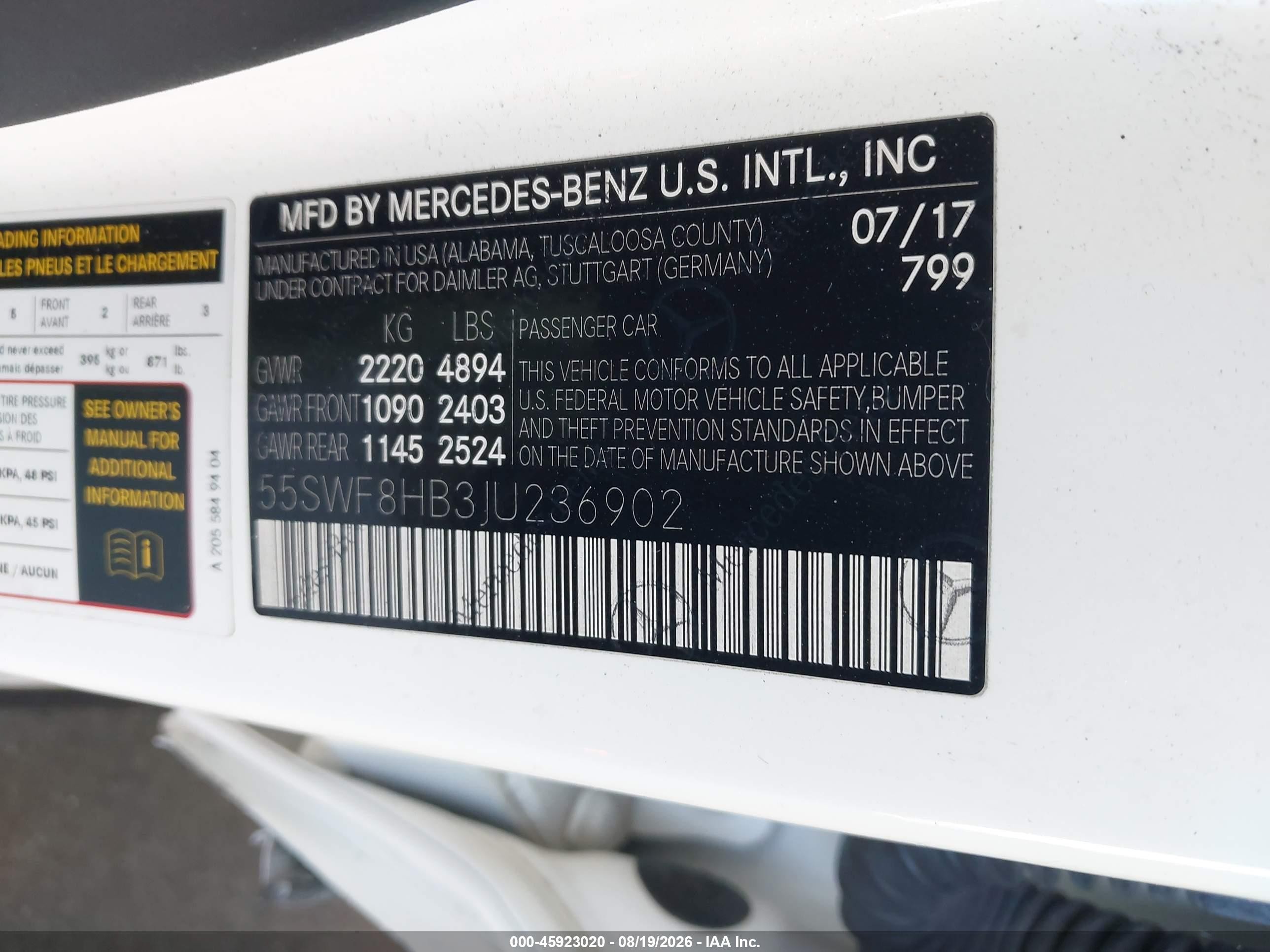 2018 Mercedes-Benz C-Class VIN 55SWF8HB3JU236902 IAAI salvage auction — Side, Salvage (California), sold $20,100 on 2026-09-16 (photo 9)