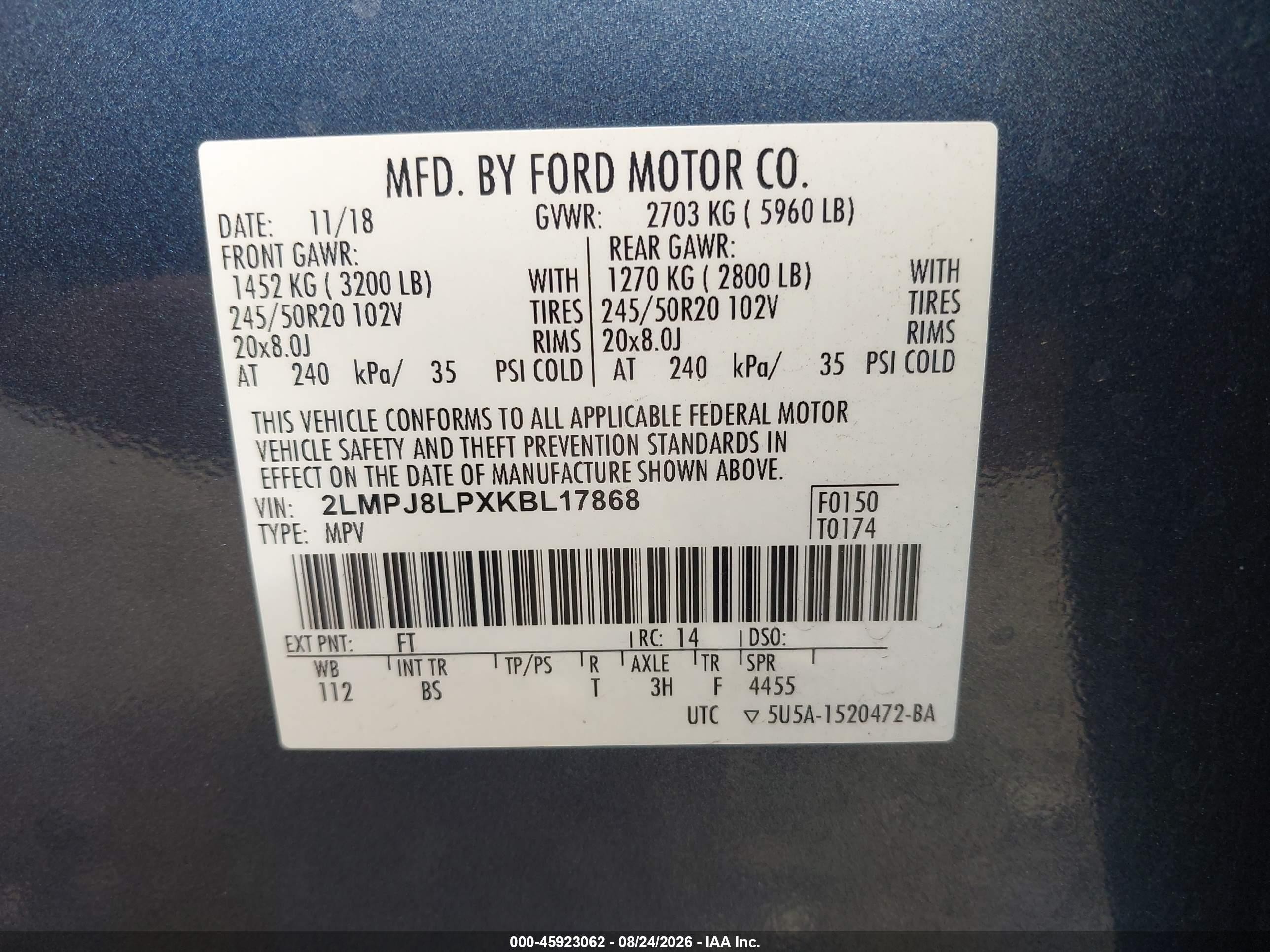 2019 Lincoln Nautilus VIN 2LMPJ8LPXKBL17868 IAAI salvage auction — Water/Flood, Salvage (Idaho), sold $6,600 on 2026-09-12 (photo 9)