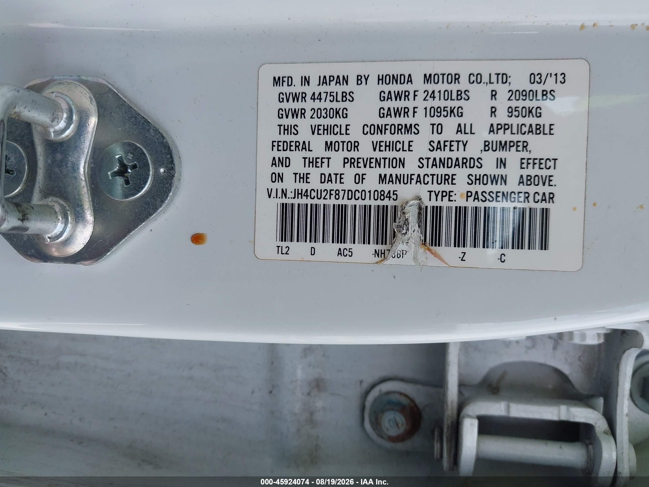 2013 Acura TSX VIN JH4CU2F87DC010845 IAAI salvage auction — Front End, Salvage (Tennessee), sold $1,600 on 2026-09-11 (photo 9)