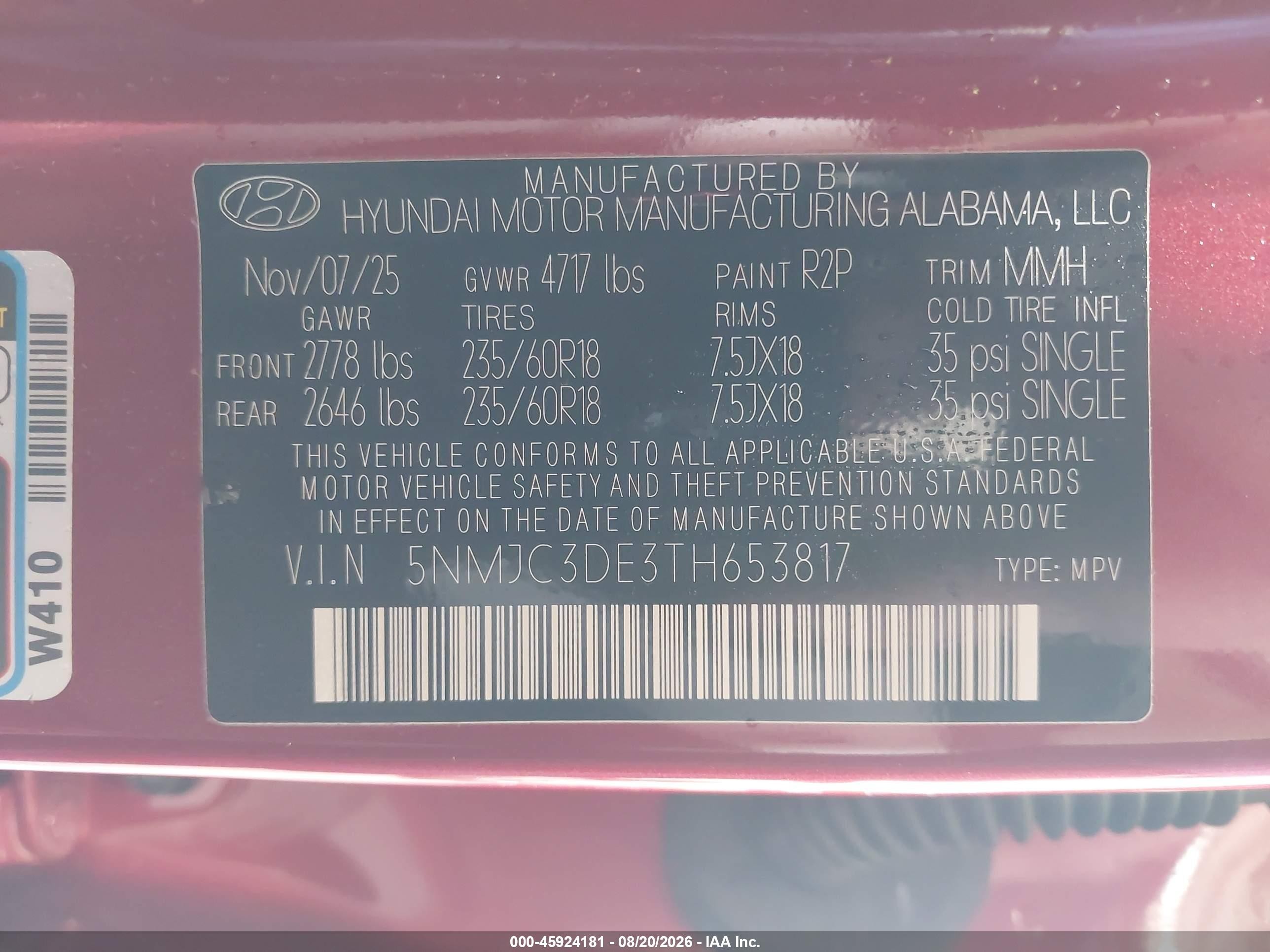 2026 Hyundai Tucson VIN 5NMJC3DE3TH653817 IAAI salvage auction — Side, Certificate Of Destruction (Florida), sold $9,600 on 2026-09-09 (photo 9)