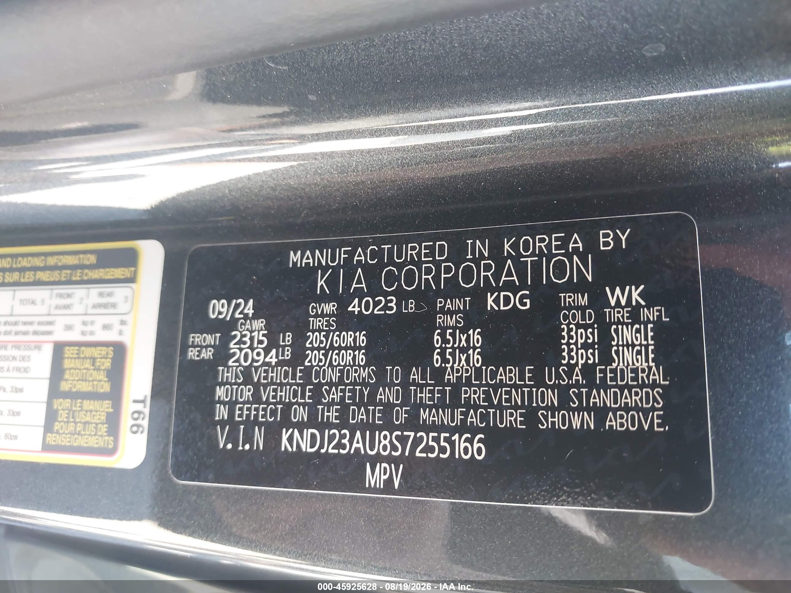 2025 Kia Soul VIN KNDJ23AU8S7255166 IAAI salvage auction — Rear End, Salvage (California), sold $4,350 on 2026-09-12 (photo 9)