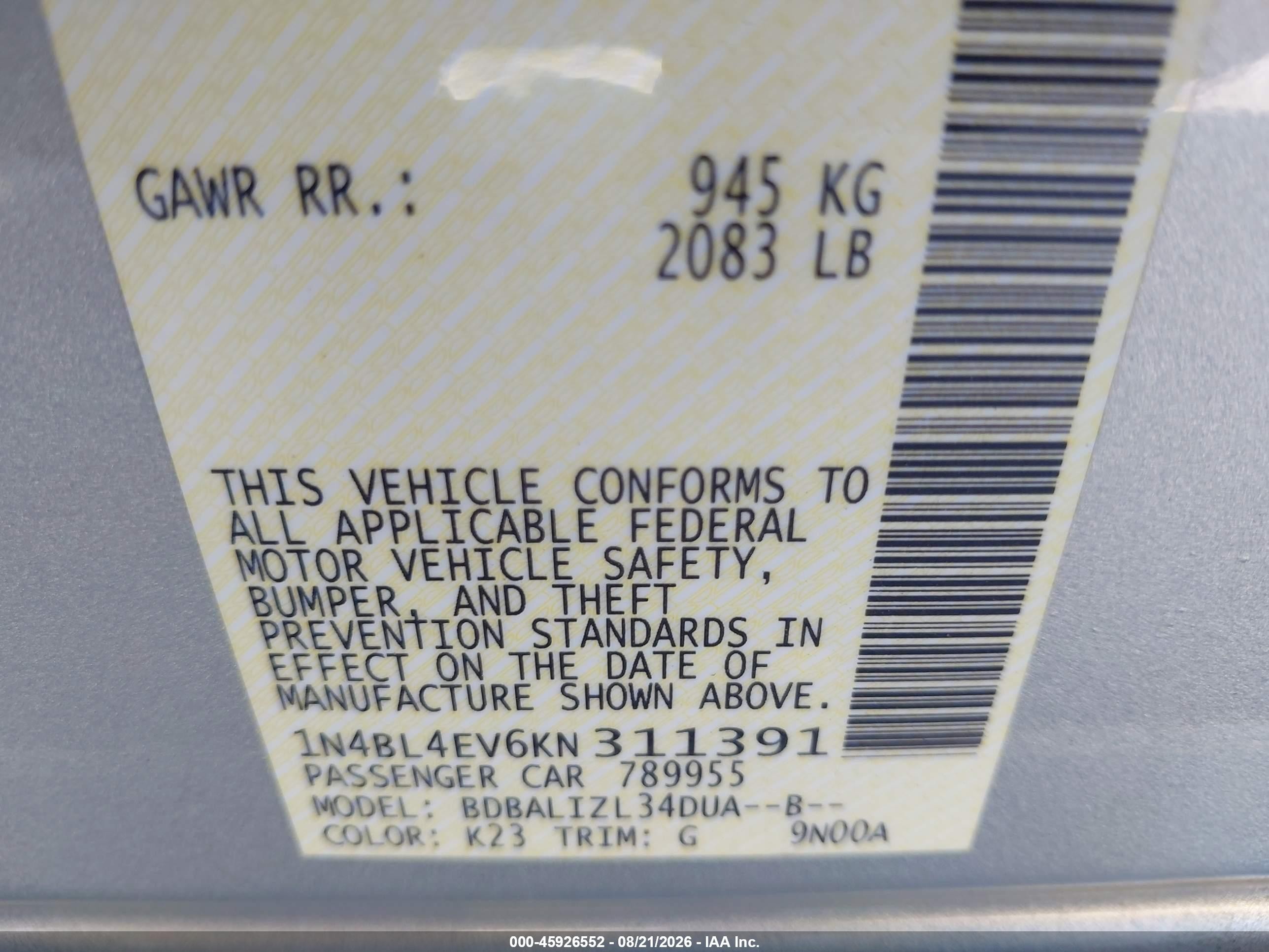 2019 Nissan Altima VIN 1N4BL4EV6KN311391 IAAI salvage auction — Rear End, Salvage (California), sold $4,550 on 2026-09-13 (photo 9)