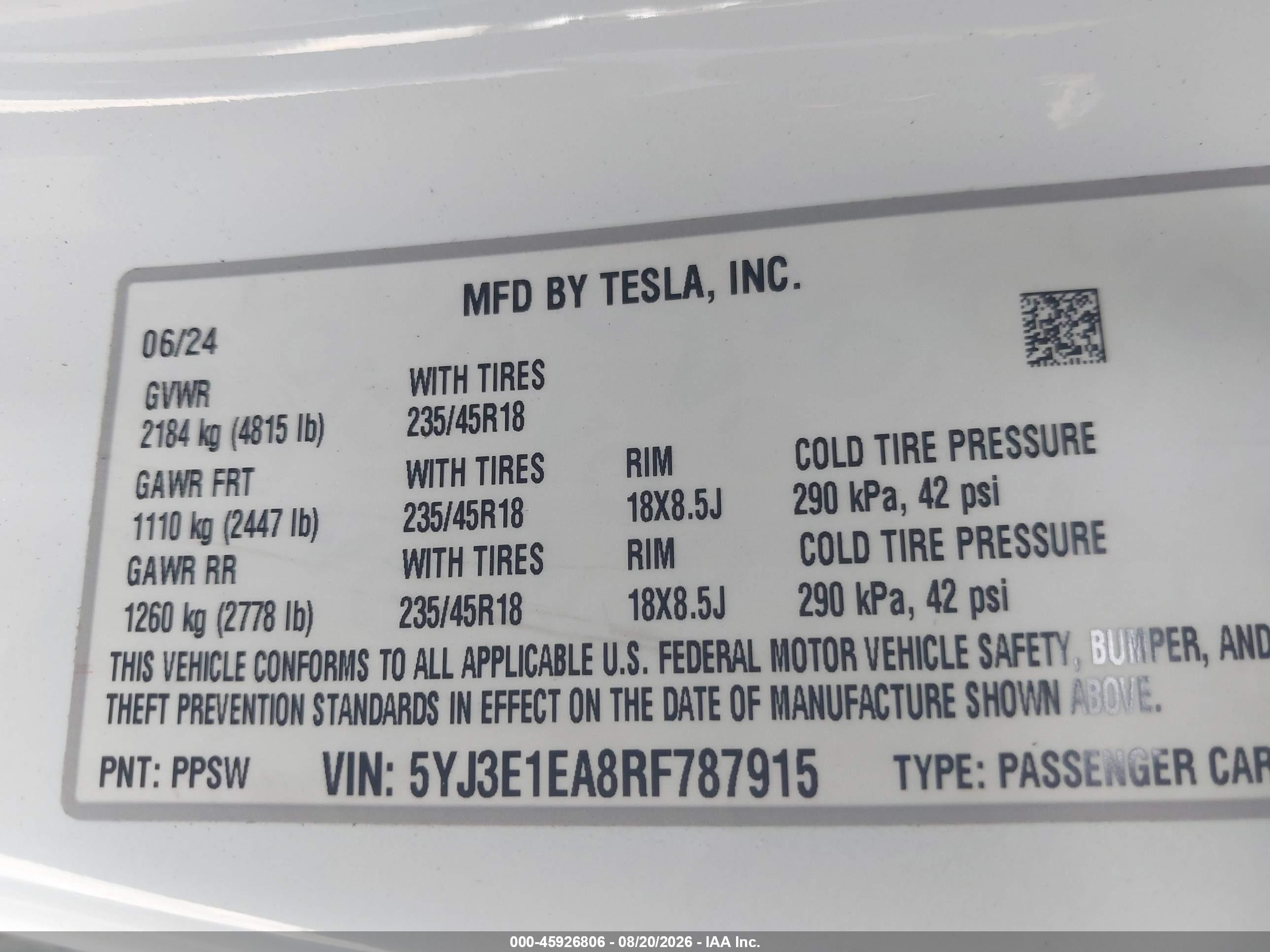 2024 Tesla Model 3 VIN 5YJ3E1EA8RF787915 IAAI salvage auction — Rear End, Salvage (California), sold $13,200 on 2026-09-29 (photo 9)