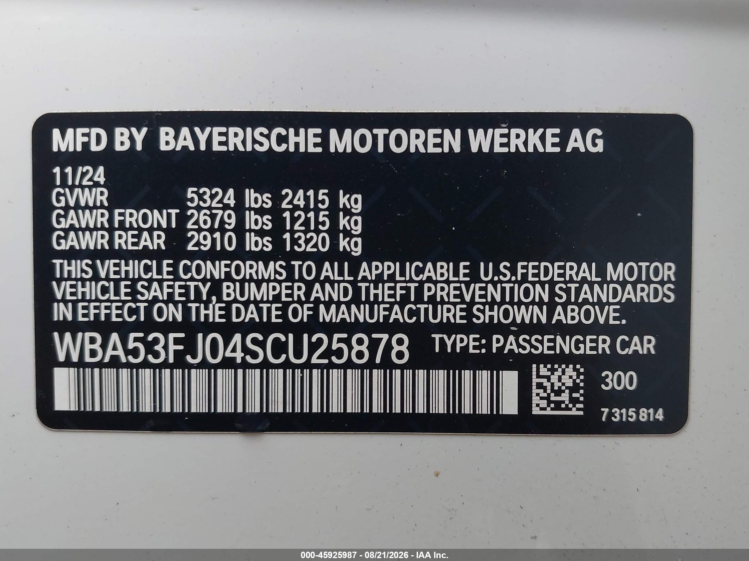 2025 BMW 5er VIN WBA53FJ04SCU25878 IAAI salvage auction — Front End, Mv-907A (New York), sold $26,250 on 2026-10-08 (photo 9)