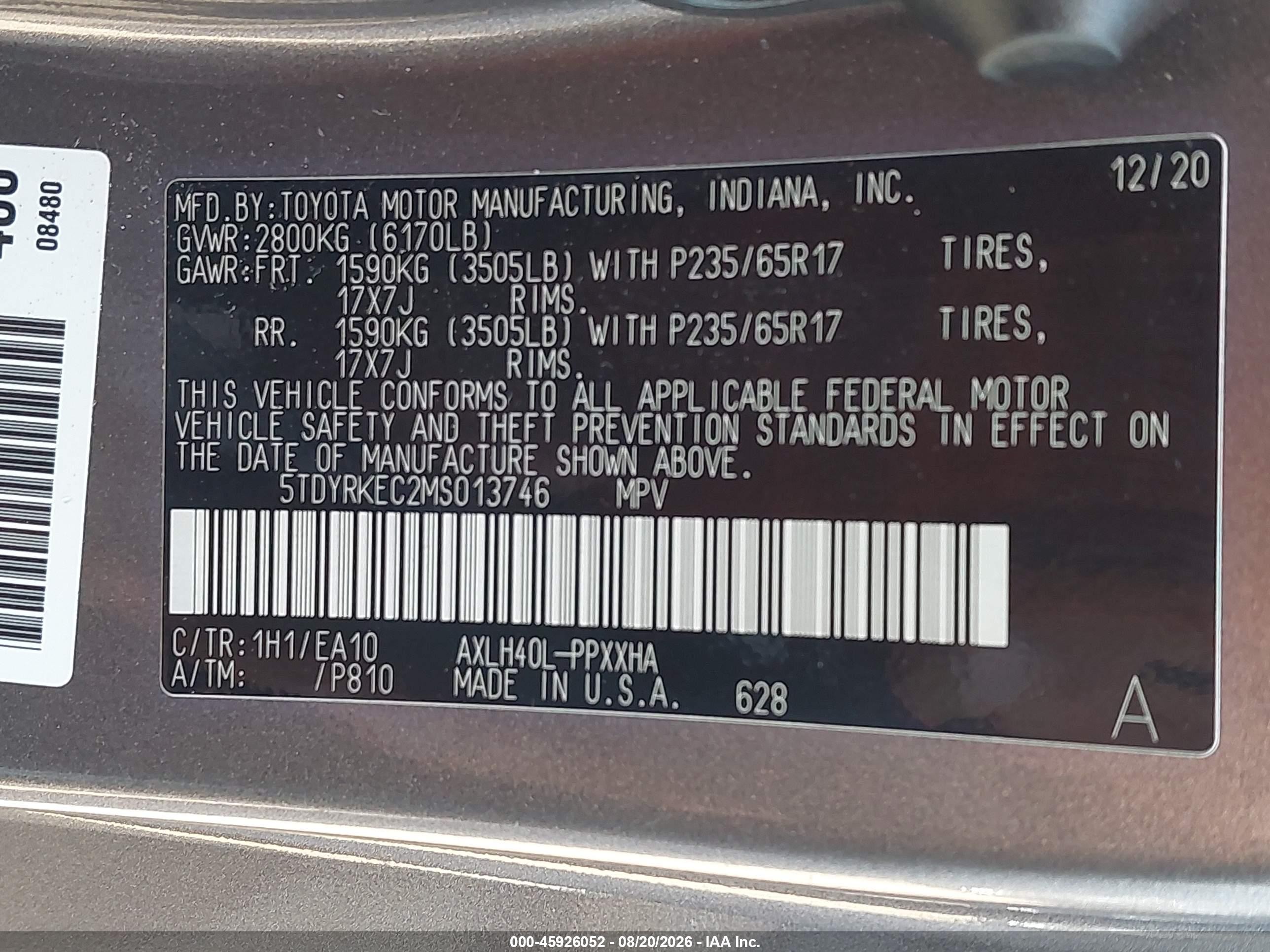 2021 Toyota Sienna VIN 5TDYRKEC2MS013746 IAAI salvage auction — Front End, Salvage (California), sold $12,300 on 2026-09-13 (photo 9)