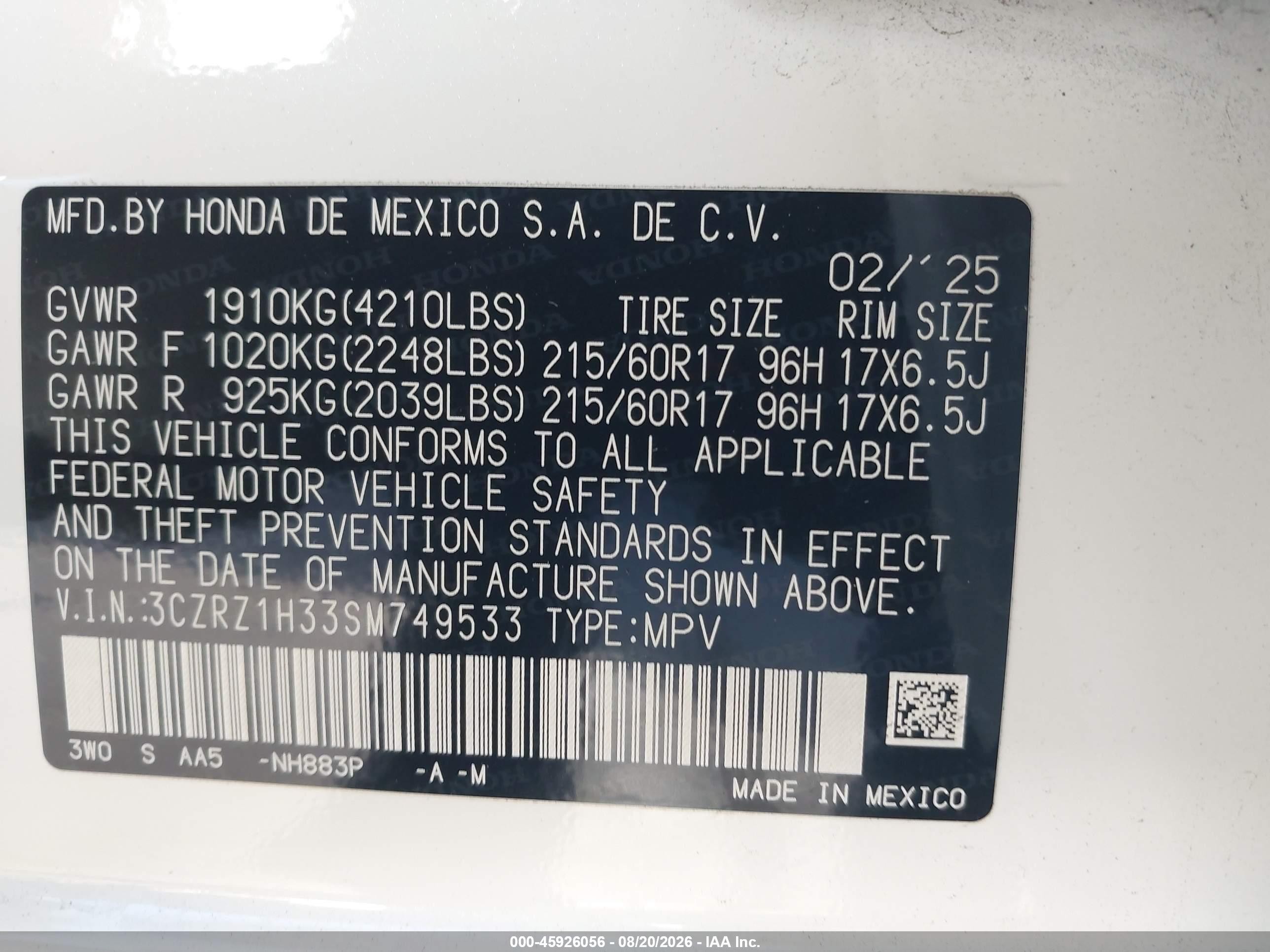 2025 Honda HR-V VIN 3CZRZ1H33SM749533 IAAI salvage auction — Rear End, Salvage Certificate (California), sold $9,600 on 2026-09-12 (photo 9)