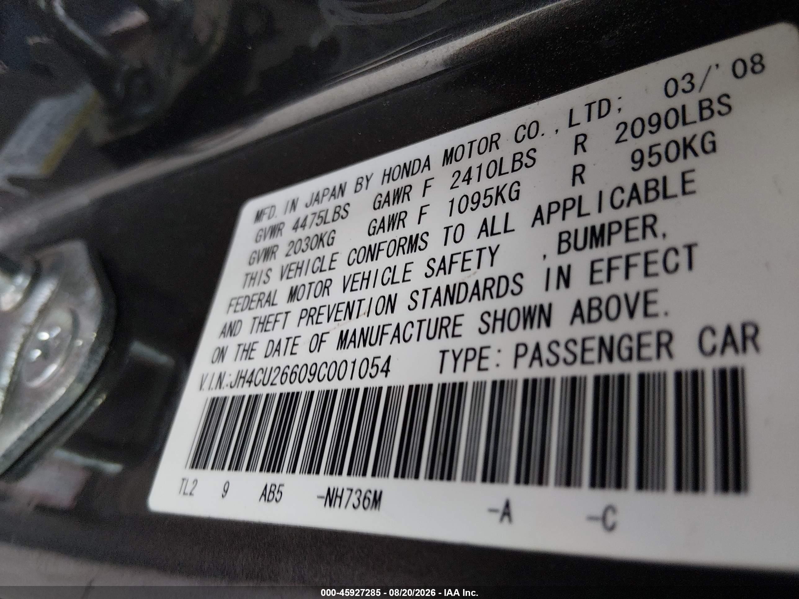 2009 Acura TSX VIN JH4CU26609C001054 IAAI salvage auction — Normal Wear, Repossession Paperwork (Georgia), sold $1,550 on 2026-09-30 (photo 9)