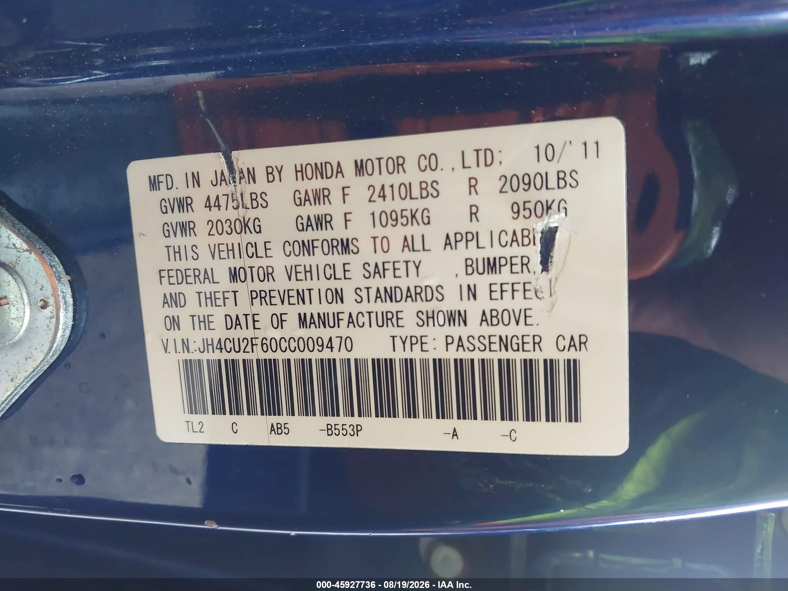 2012 Acura Tsx VIN JH4CU2F60CC009470 IAAI salvage auction — Normal Wear, Clear (Missouri), sold $1,125 on 2026-09-18 (photo 9)