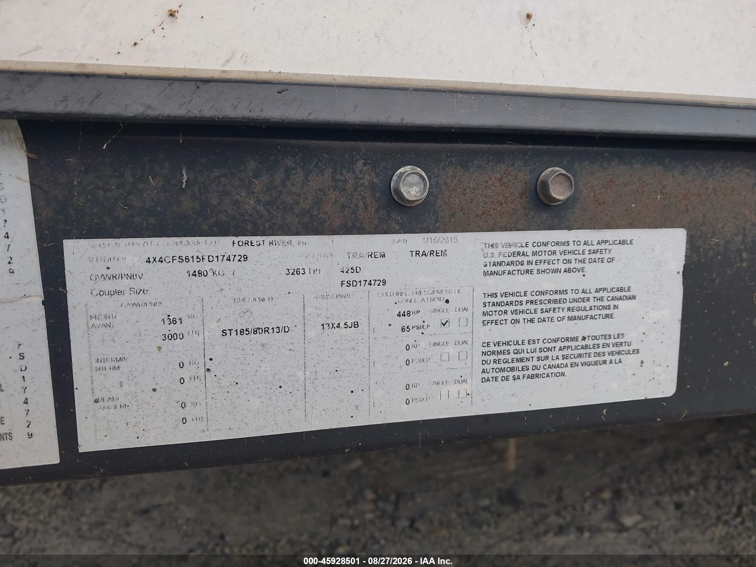 2015 Flagstaff Other VIN 4X4CFS615FD174729 IAAI salvage auction — Water/Flood, Salvage (North Carolina), sold $525 on 2026-09-18 (photo 9)