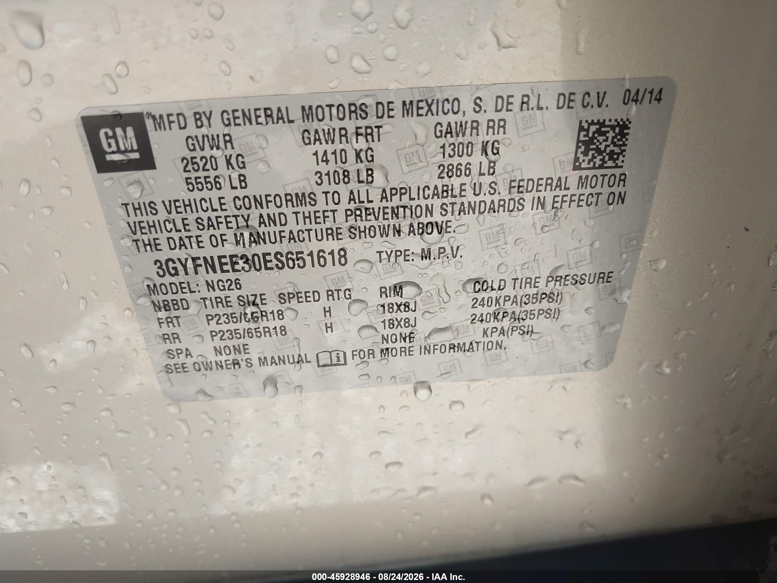 2014 Cadillac SRX VIN 3GYFNEE30ES651618 IAAI salvage auction — Unknown, Clear (Indiana), sold $4,800 on 2026-09-21 (photo 9)