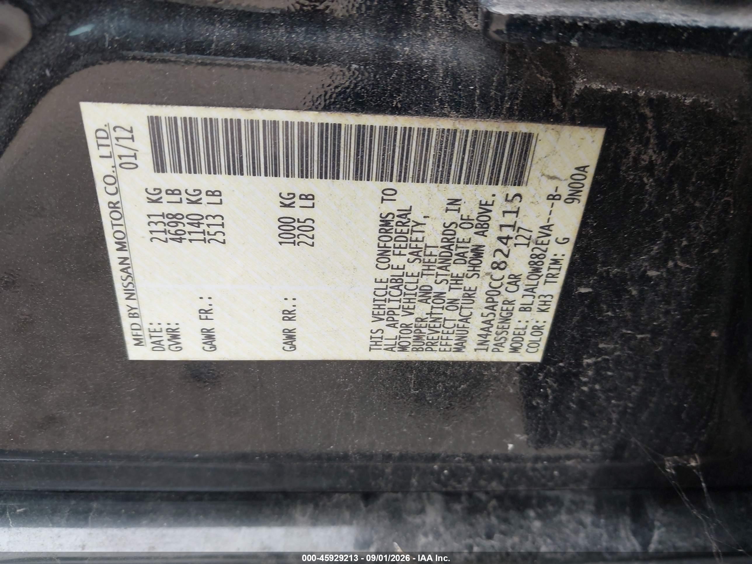2012 Nissan Maxima VIN 1N4AA5AP0CC824115 IAAI salvage auction — Repossession, Nrc Lienholder Repossession Paperwork (Texas), sold $650 on 2026-09-10 (photo 9)