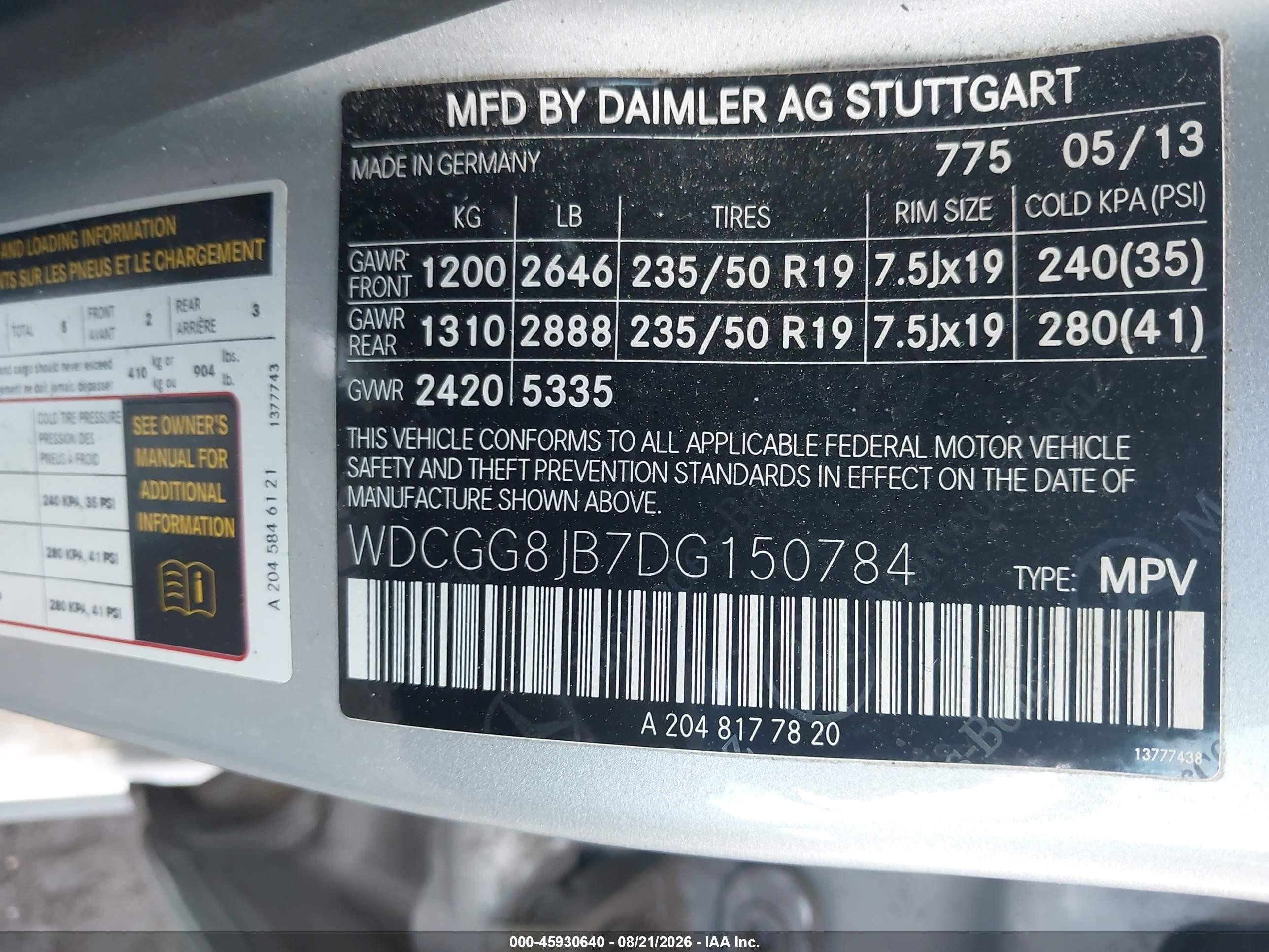 2013 Mercedes-benz Glk-klasse VIN WDCGG8JB7DG150784 IAAI salvage auction — Rear End, Clear (Virginia), sold $3,150 on 2026-09-07 (photo 9)