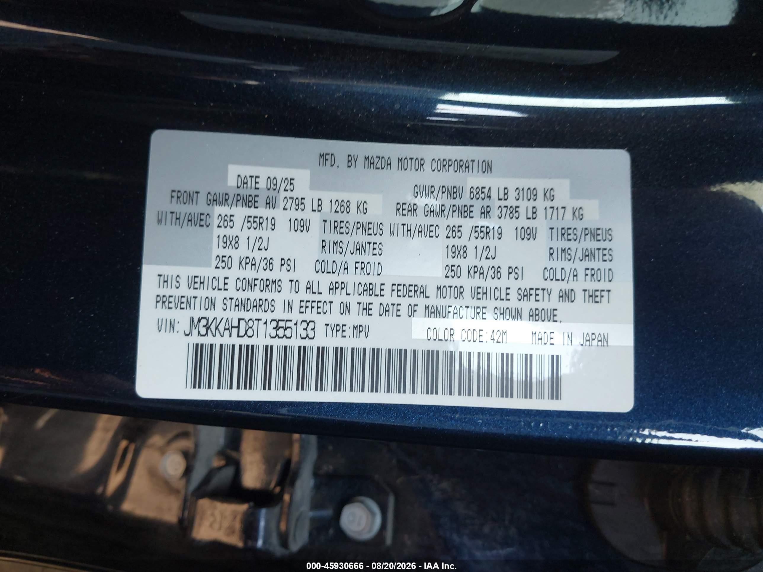 2026 Mazda Cx-90 VIN JM3KKAHD8T1355133 IAAI salvage auction — Rear End, Enterprise Vehicles Clear Only (Nevada), sold $15,600 on 2026-08-23 (photo 9)