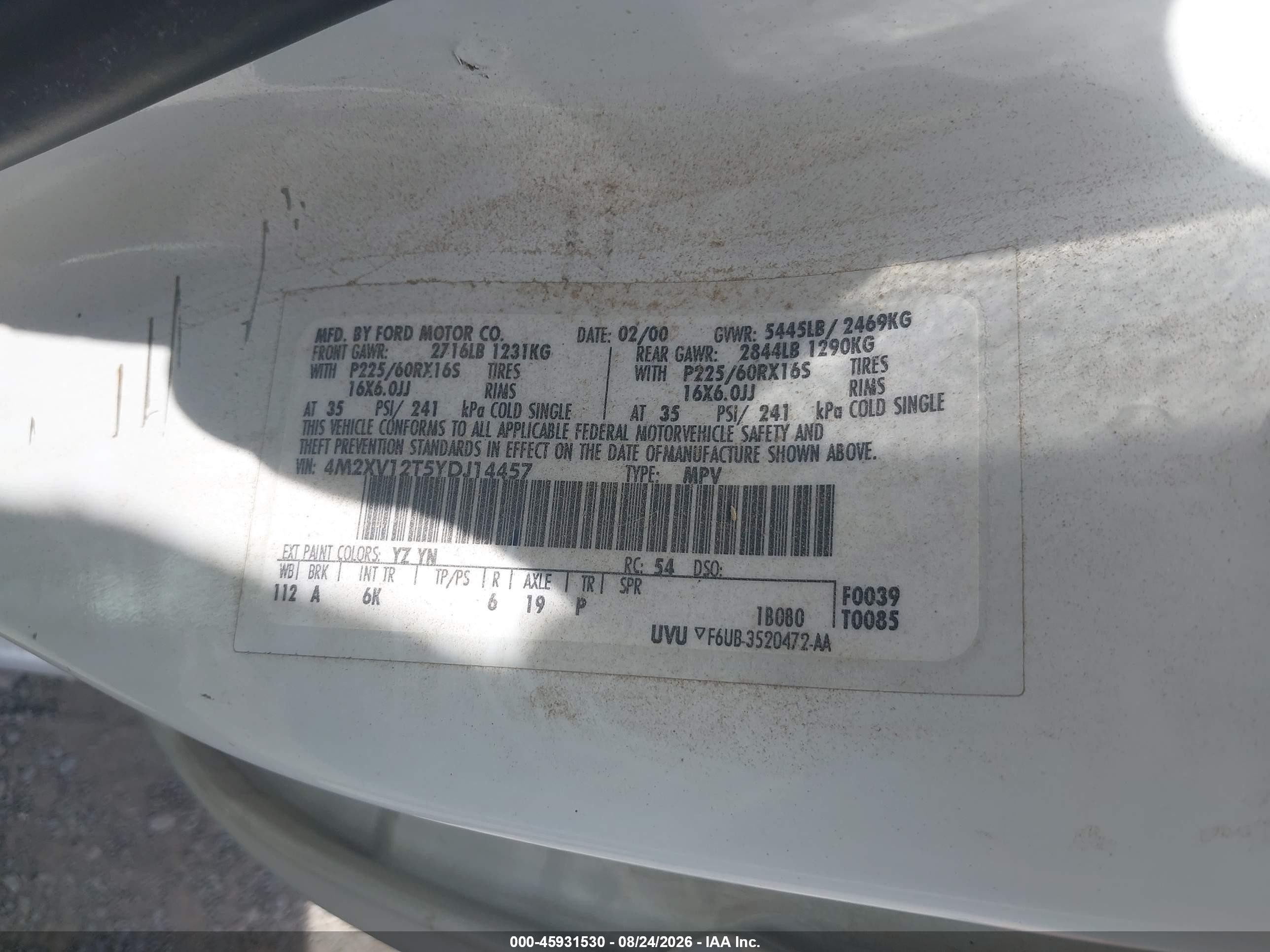 2000 Mercury Villager VIN 4M2XV12T5YDJ14457 IAAI salvage auction — Normal Wear, Regular (Nevada), sold $25 on 2026-08-28 (photo 9)