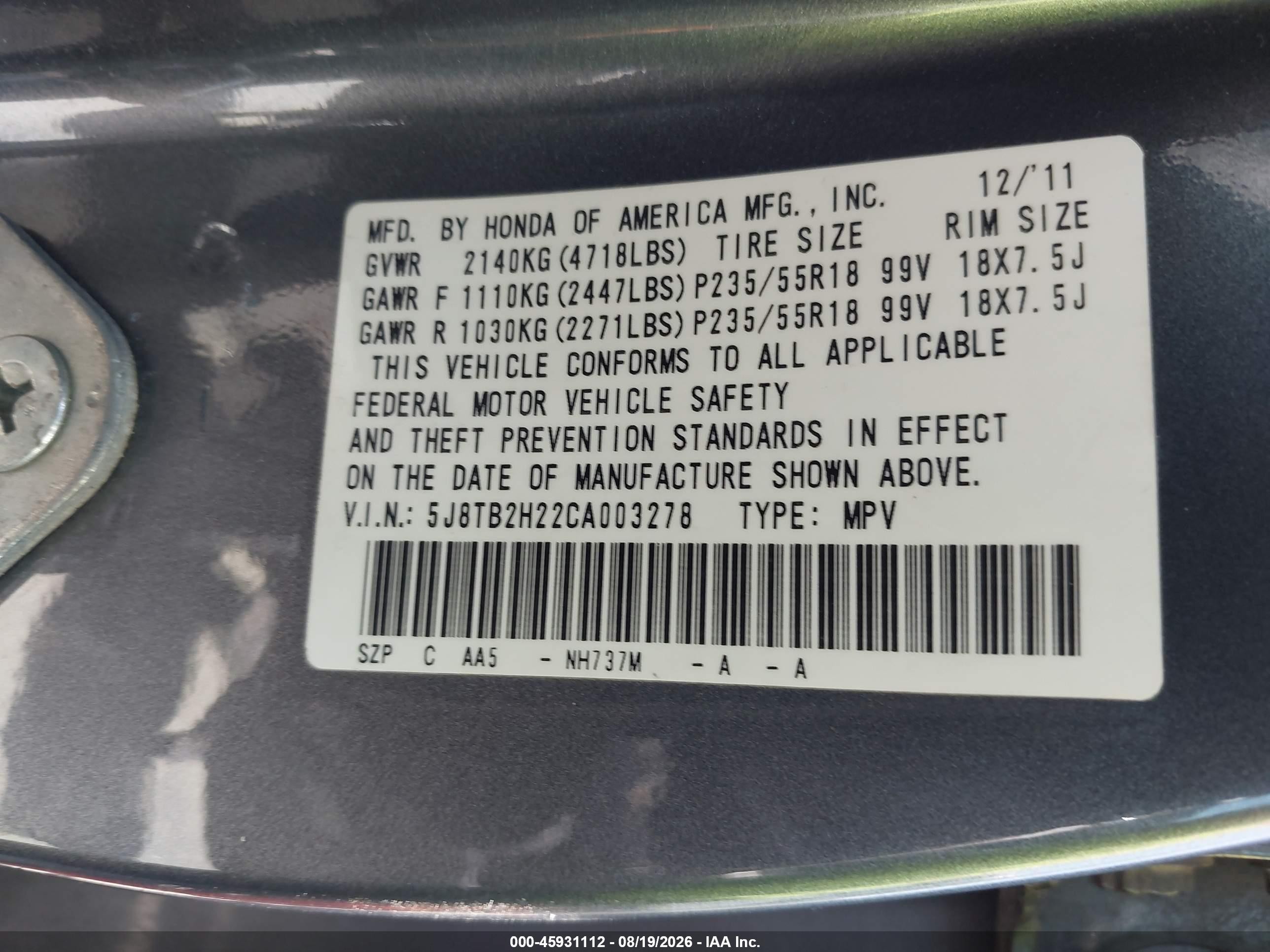 2012 Acura Rdx VIN 5J8TB2H22CA003278 IAAI salvage auction — Normal Wear, Clear - Dealer Only (California), sold $700 on 2026-09-02 (photo 9)