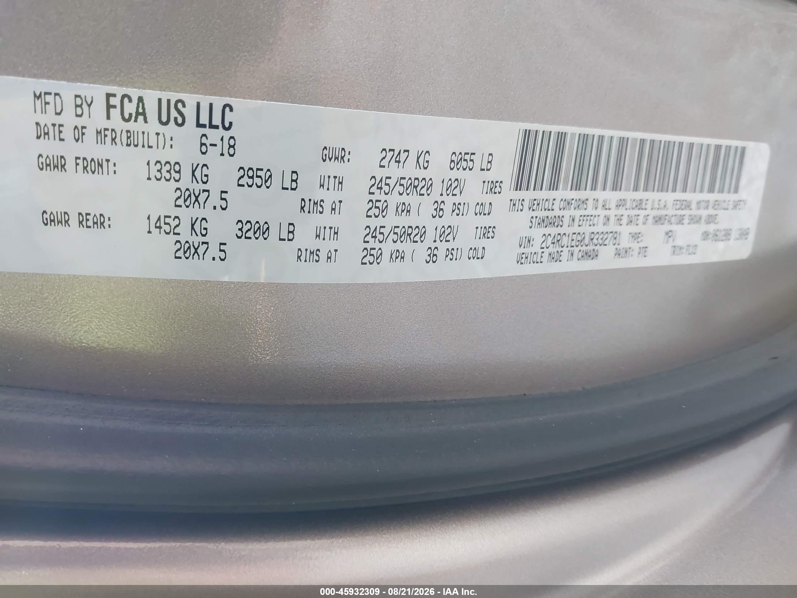 2018 Chrysler Pacifica VIN 2C4RC1EG0JR332781 IAAI salvage auction — Front End, Salvage (Indiana), sold $2,700 on 2026-09-25 (photo 9)