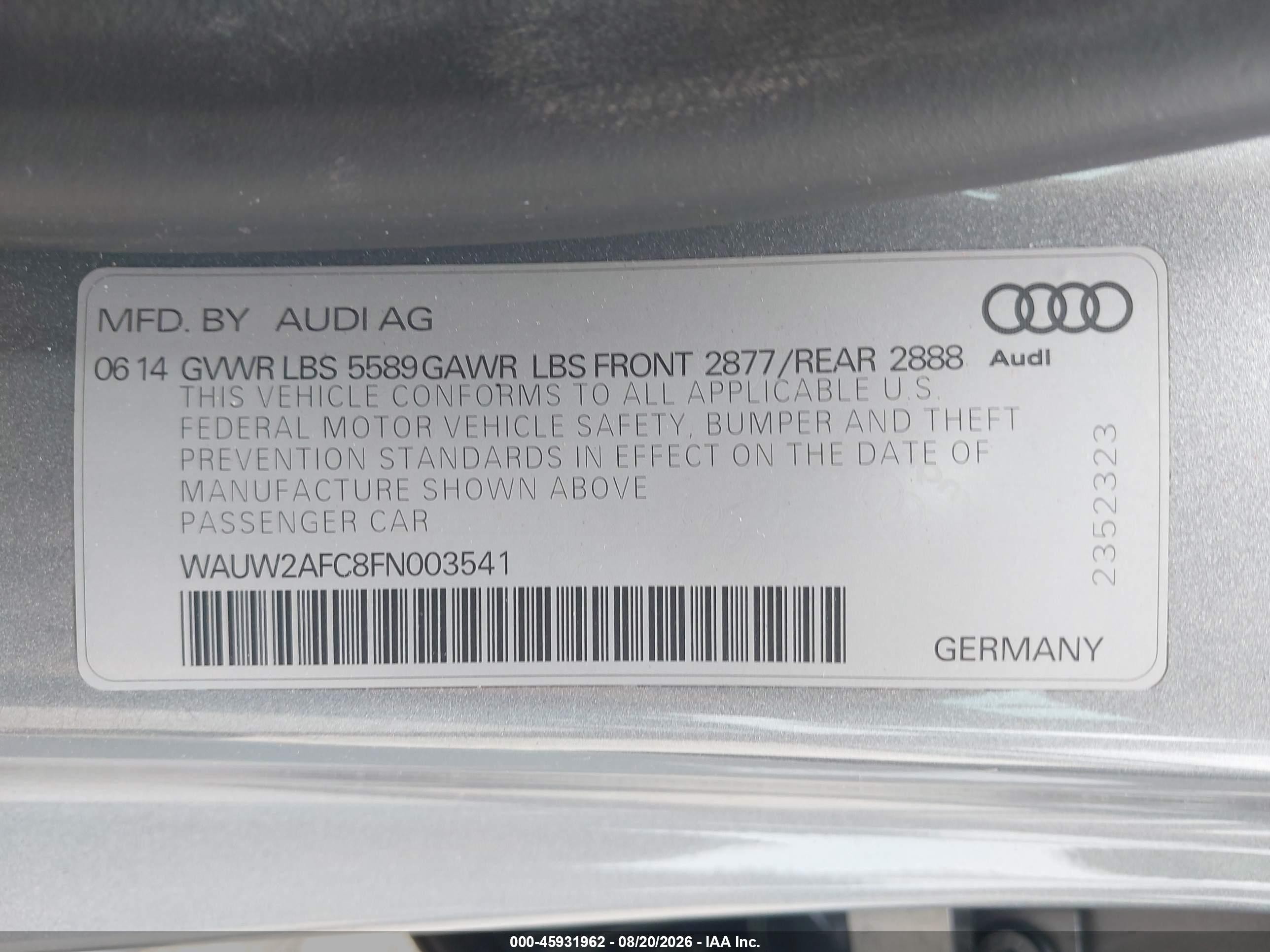 2015 Audi S7 VIN WAUW2AFC8FN003541 IAAI salvage auction — Front End, Salvage (Pennsylvania), sold $7,200 on 2026-09-13 (photo 9)