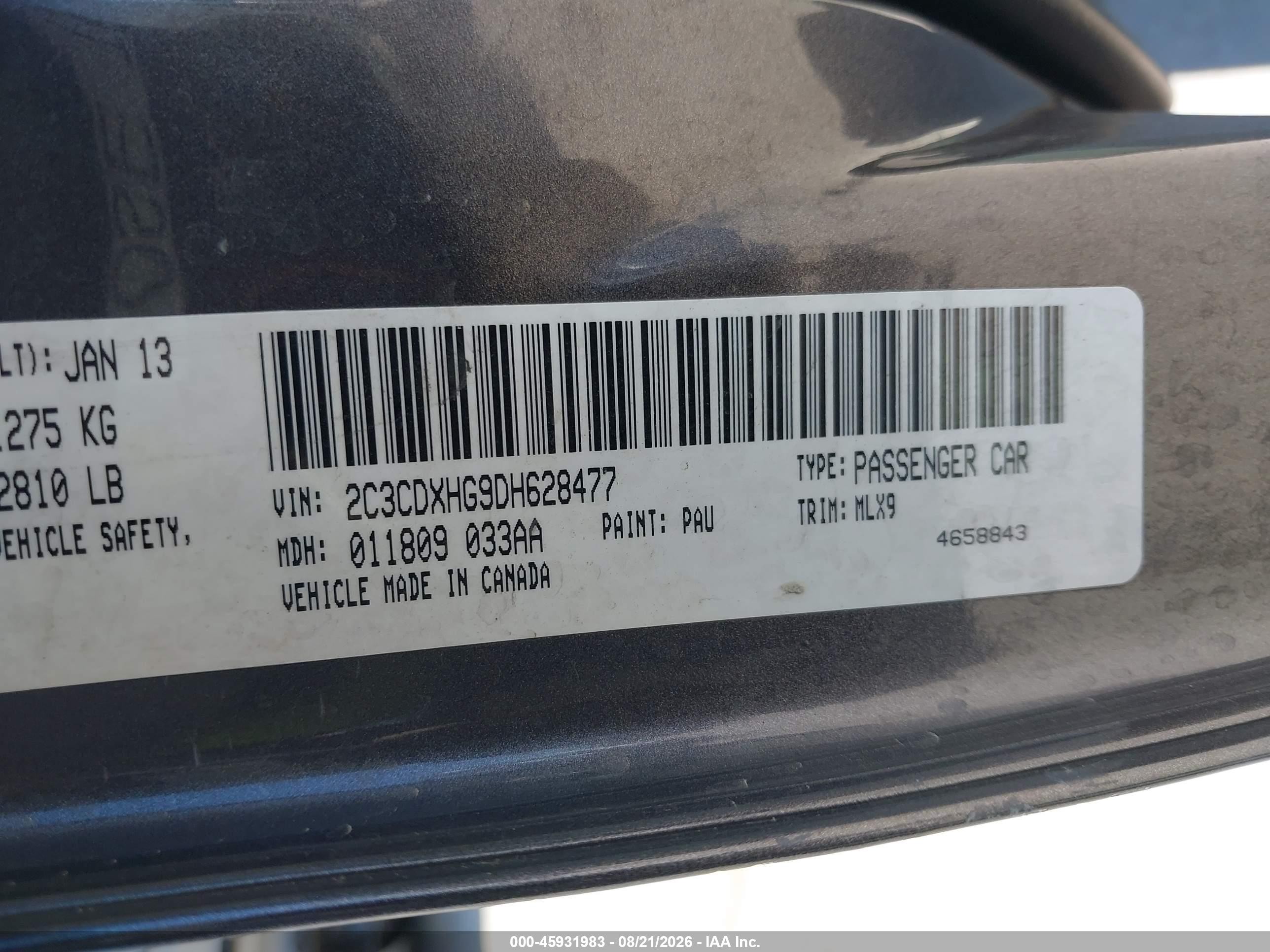 2013 Dodge Charger VIN 2C3CDXHG9DH628477 IAAI salvage auction — Unknown, Salvage (California), sold $450 on 2026-09-02 (photo 9)