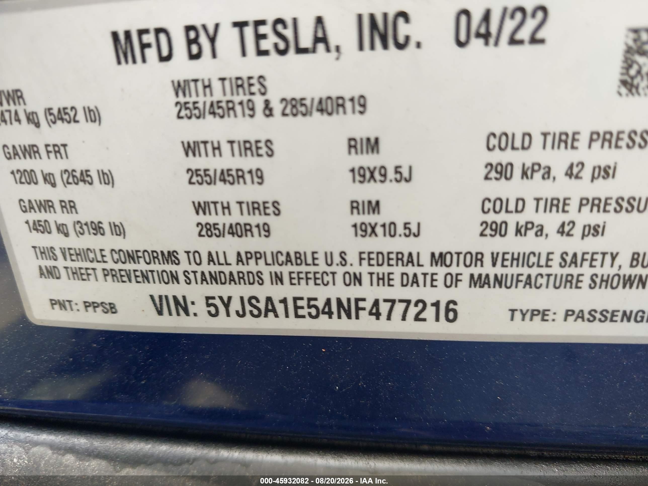 2022 Tesla Model S VIN 5YJSA1E54NF477216 IAAI salvage auction — Front End, Salvage (North Carolina), sold $14,500 on 2026-09-14 (photo 9)