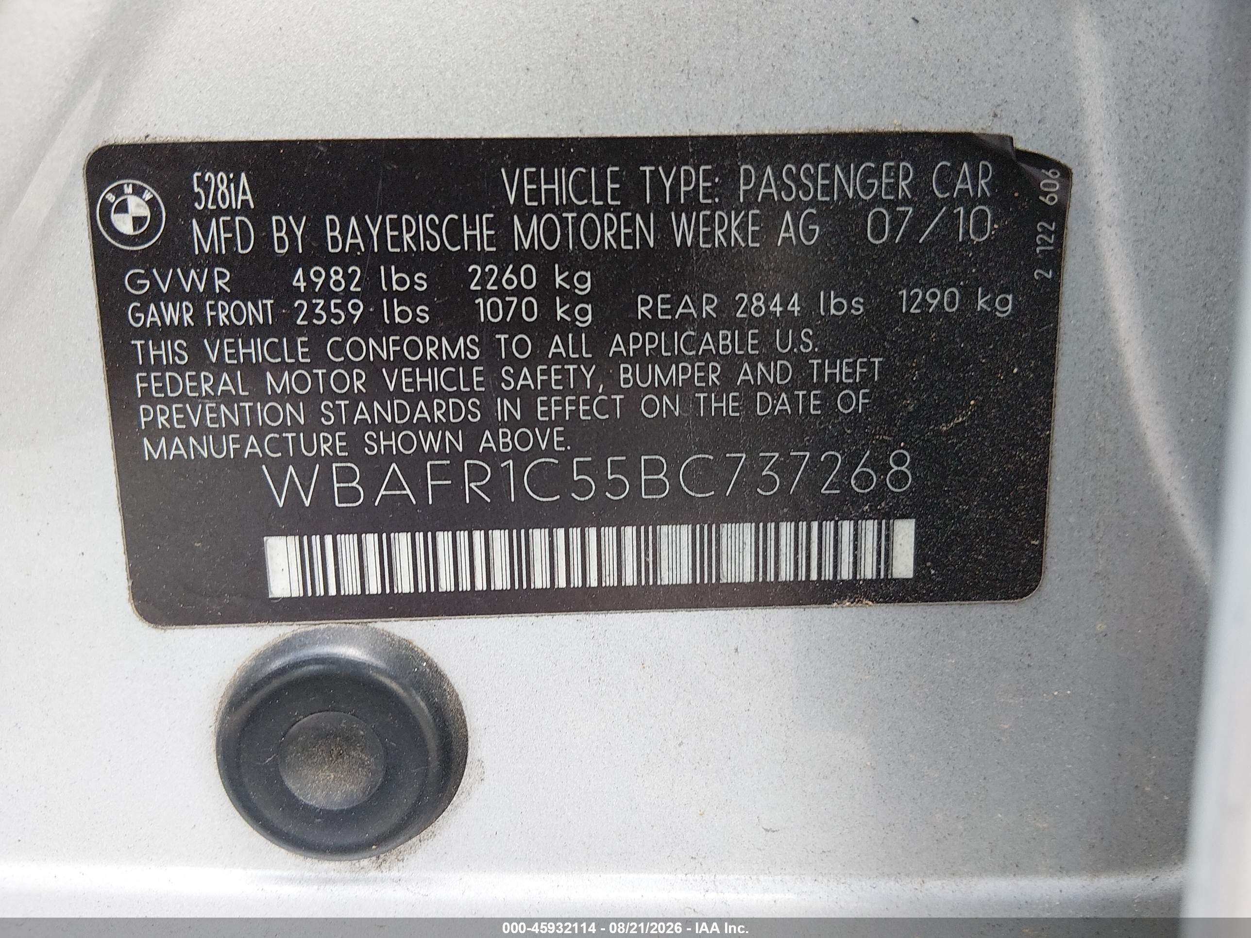 2011 BMW 5 series VIN WBAFR1C55BC737268 IAAI salvage auction — Rear End, Salvage (Pennsylvania), sold $350 on 2026-09-08 (photo 9)