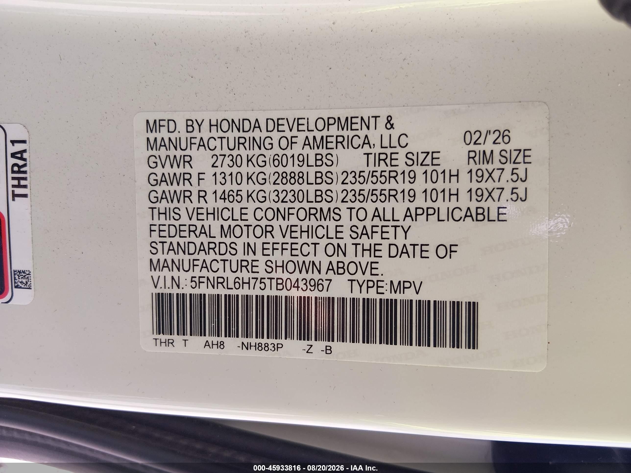 2026 Honda Odyssey VIN 5FNRL6H75TB043967 IAAI salvage auction — Rear End, Enterprise Vehicles Clear Only (Texas), sold $26,250 on 2026-08-23 (photo 9)
