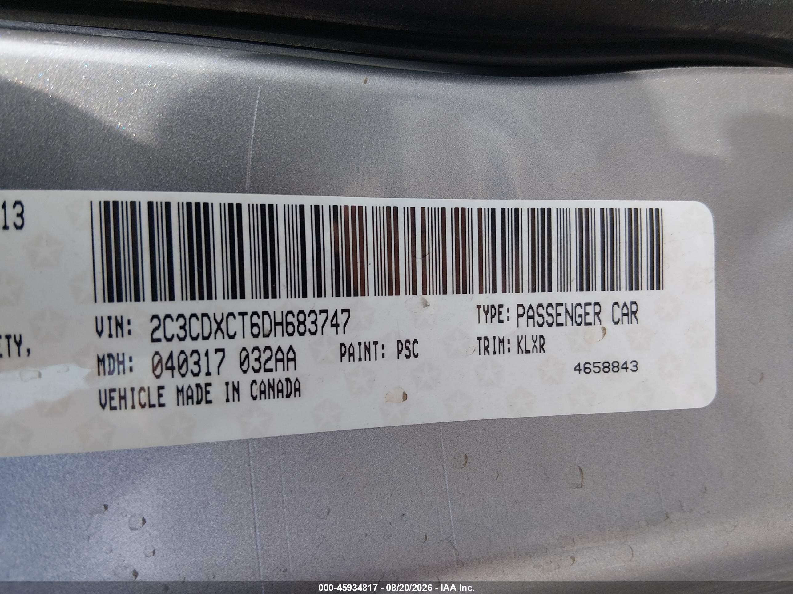2013 Dodge Charger VIN 2C3CDXCT6DH683747 IAAI salvage auction — Side, Salvage (Nevada), sold $1,800 on 2026-10-09 (photo 9)
