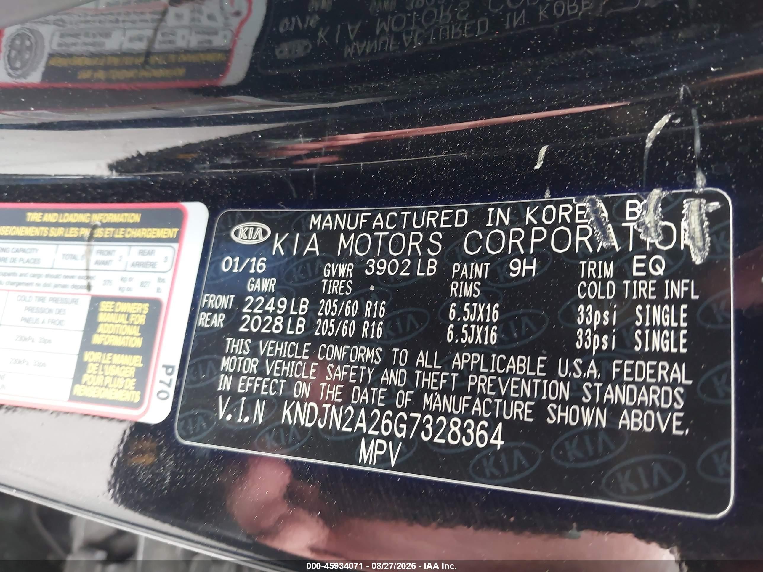2016 Kia Soul VIN KNDJN2A26G7328364 IAAI salvage auction — Front End, Salvage Certificate (California), sold $775 on 2026-09-11 (photo 9)