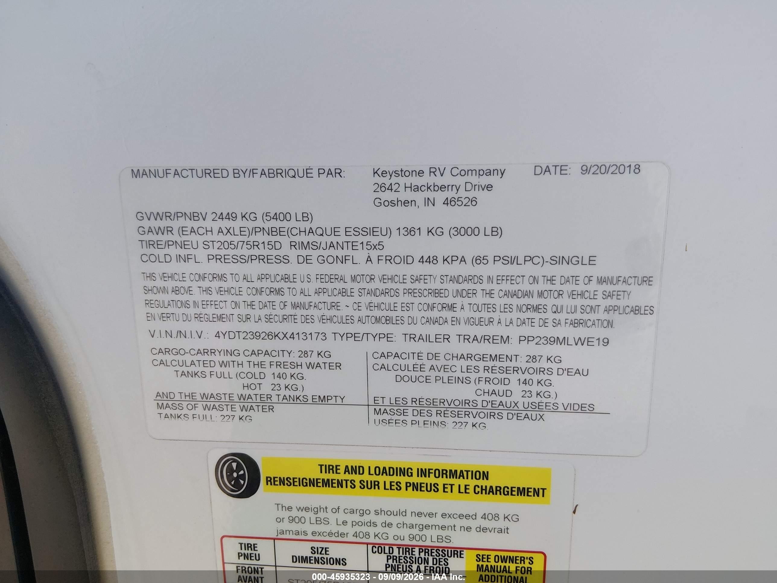 2019 Keystone R 199mlwe VIN 4YDT23926KX413173 IAAI salvage auction — Theft, Clear (Arizona), sold $4,950 on 2026-10-08 (photo 9)