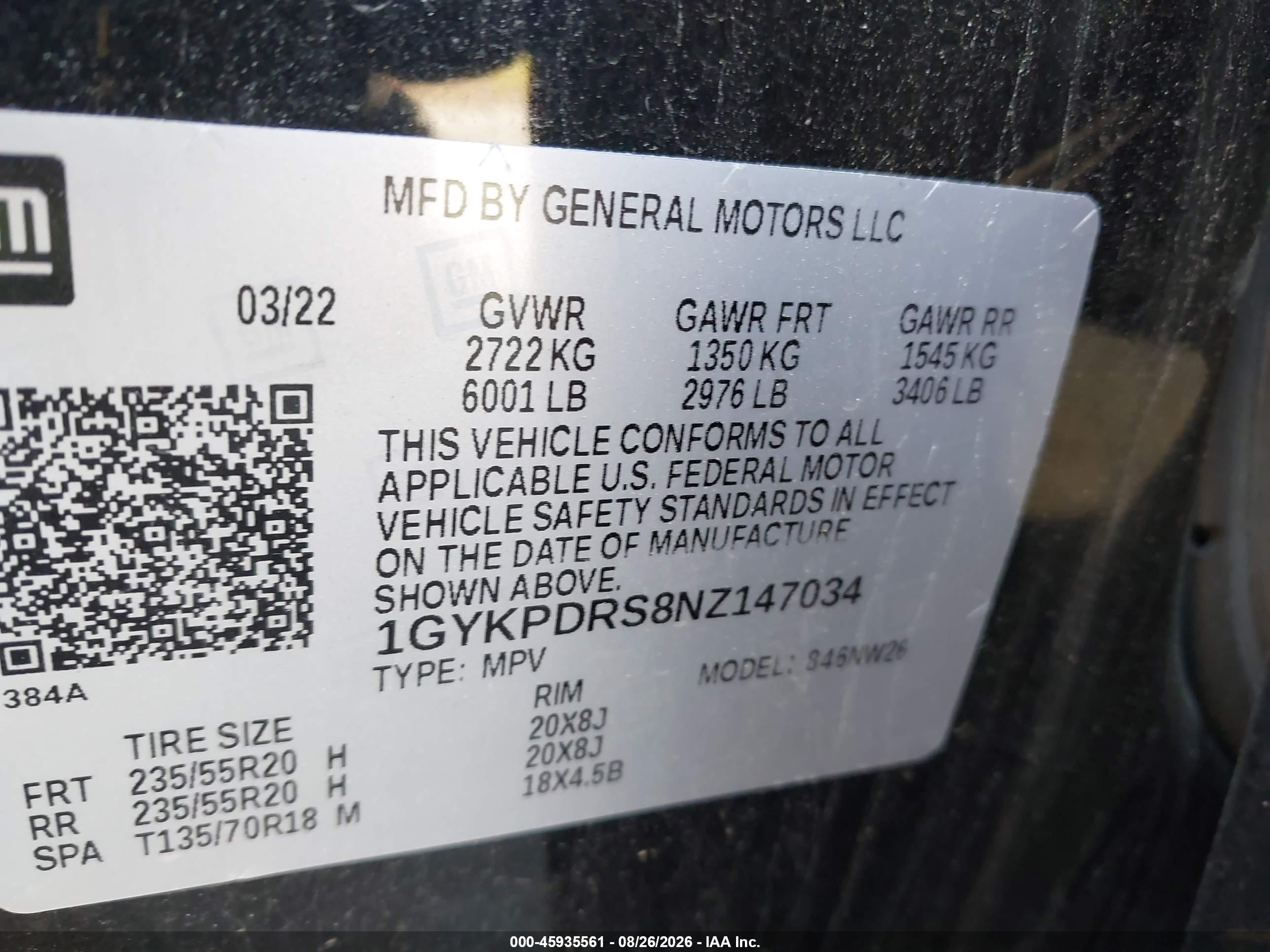 2022 Cadillac XT6 VIN 1GYKPDRS8NZ147034 IAAI salvage auction — Front End, Scrap (Michigan), sold $4,300 on 2026-09-24 (photo 9)
