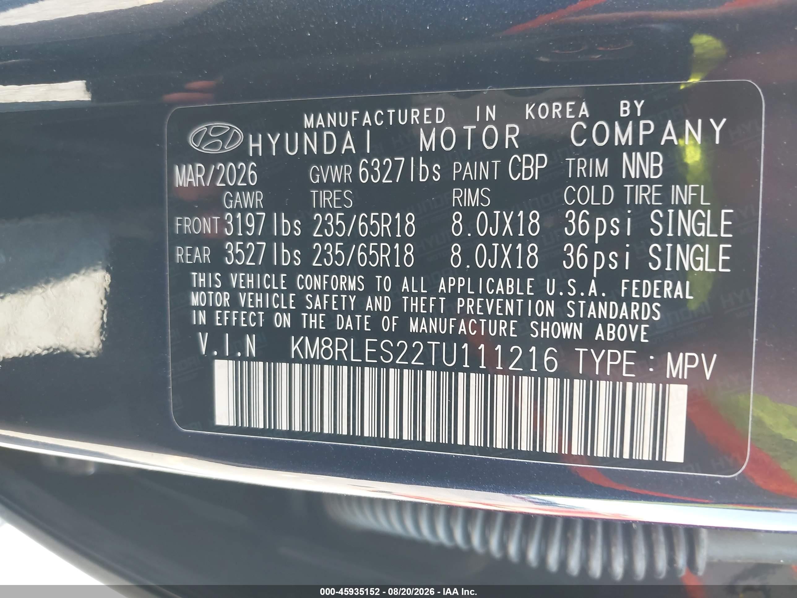 2026 Hyundai Palisade VIN KM8RLES22TU111216 IAAI salvage auction — Front End, Enterprise Vehicles Clear Only (Washington), sold $23,900 on 2026-08-23 (photo 9)