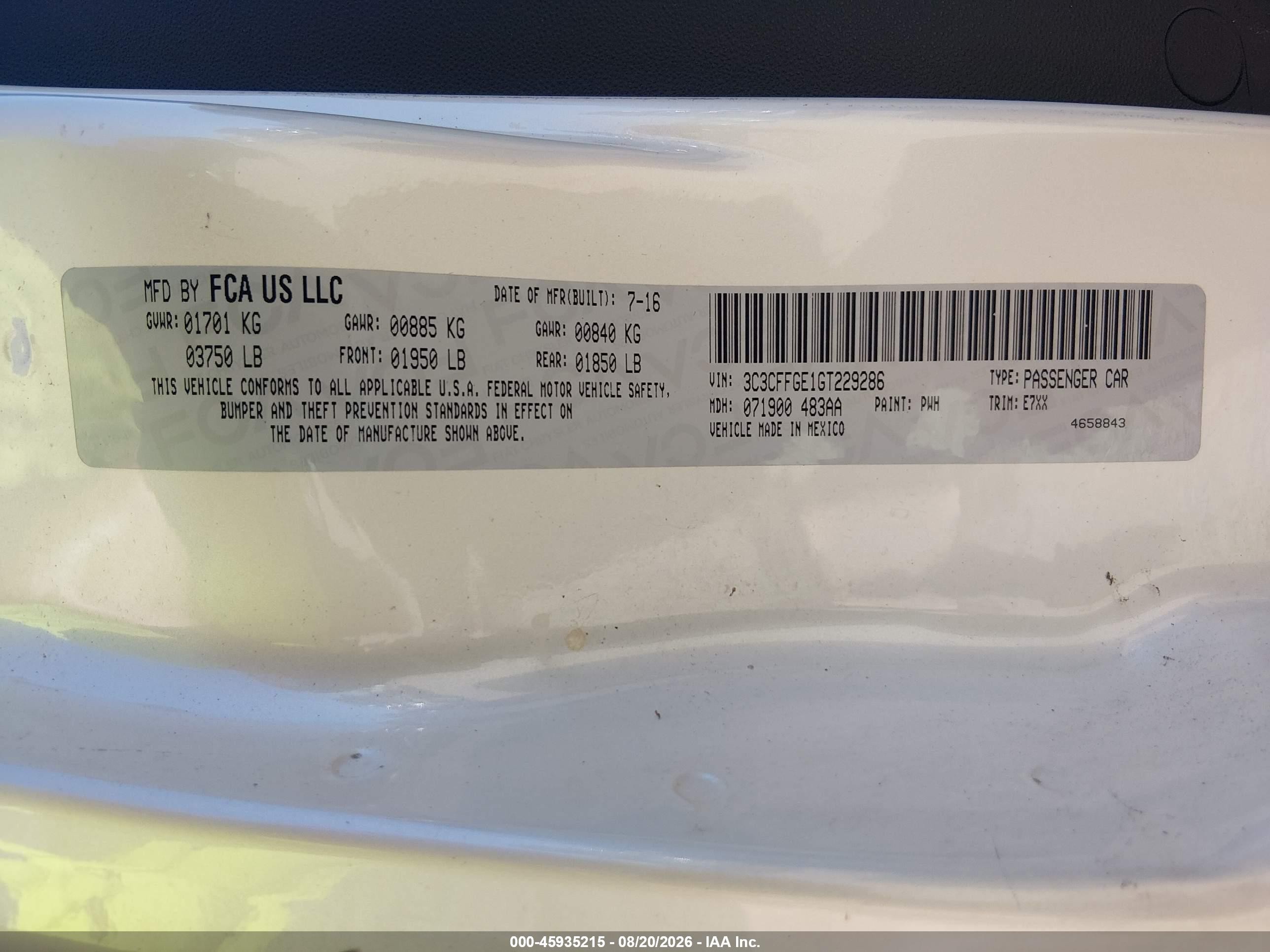 2016 Fiat 500 VIN 3C3CFFGE1GT229286 IAAI salvage auction — Normal Wear, Clear (Washington), sold $275 on 2026-09-02 (photo 9)