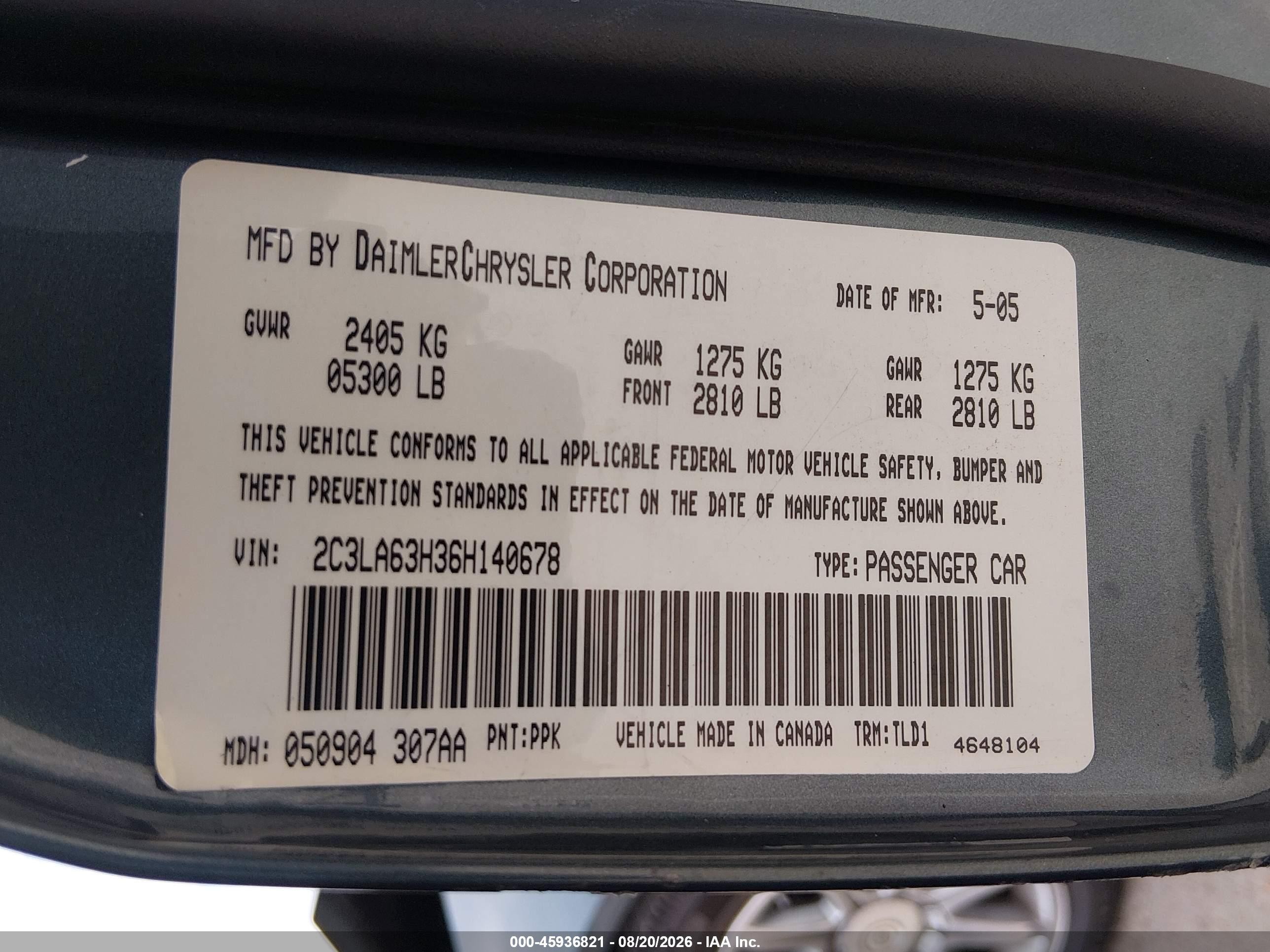 2006 Chrysler 300c VIN 2C3LA63H36H140678 IAAI salvage auction — Front End, Salvage (California), sold $800 on 2026-09-13 (photo 9)