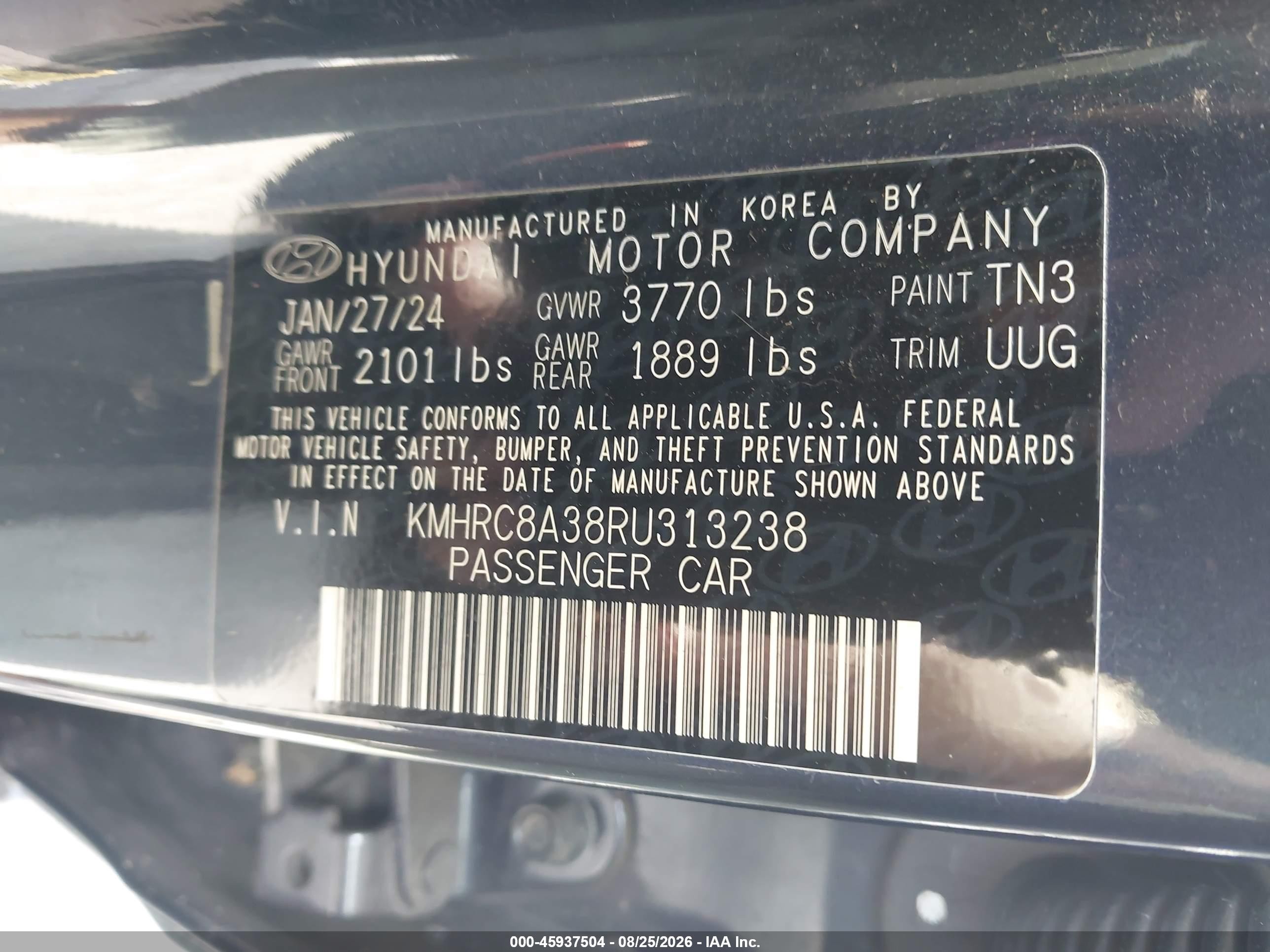 2024 Hyundai Venue VIN KMHRC8A38RU313238 IAAI salvage auction — Unknown, Salvage (Virginia), sold $4,800 on 2026-09-25 (photo 9)